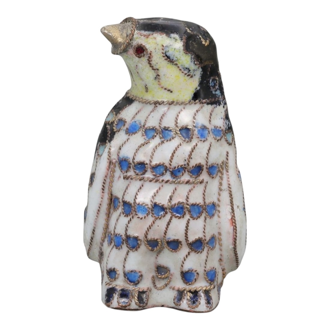 A Chinese Cloisonne Enamel Penguin Effigy, 20th Century, 96FG: Constructed from a copper alloy body and decorated with cloisonne enamel, the object is formed as a standing penguin with an upright posture and the head turned slightly upward. Fine metal wire cloiso