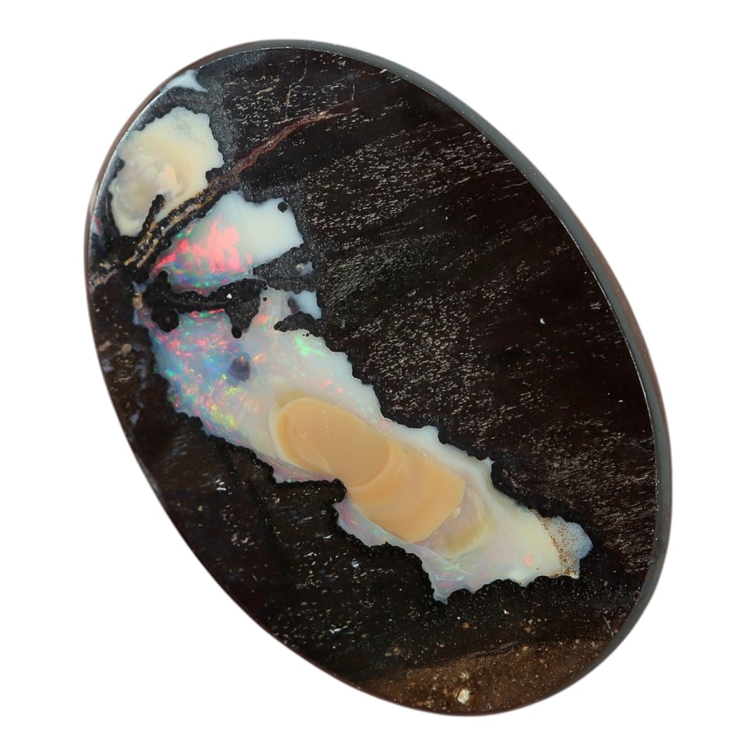 4.15 Carats Koroit Boulder Opal Cabochon - Natural Australian Stones 13.9x9.9mm, 17XM: This exceptional 4.15-carat Koroit boulder opal cabochon is a natural masterpiece, showcasing a striking, organic formation of milky white and peach-toned opal, infused with a vivid spectrum of play-o