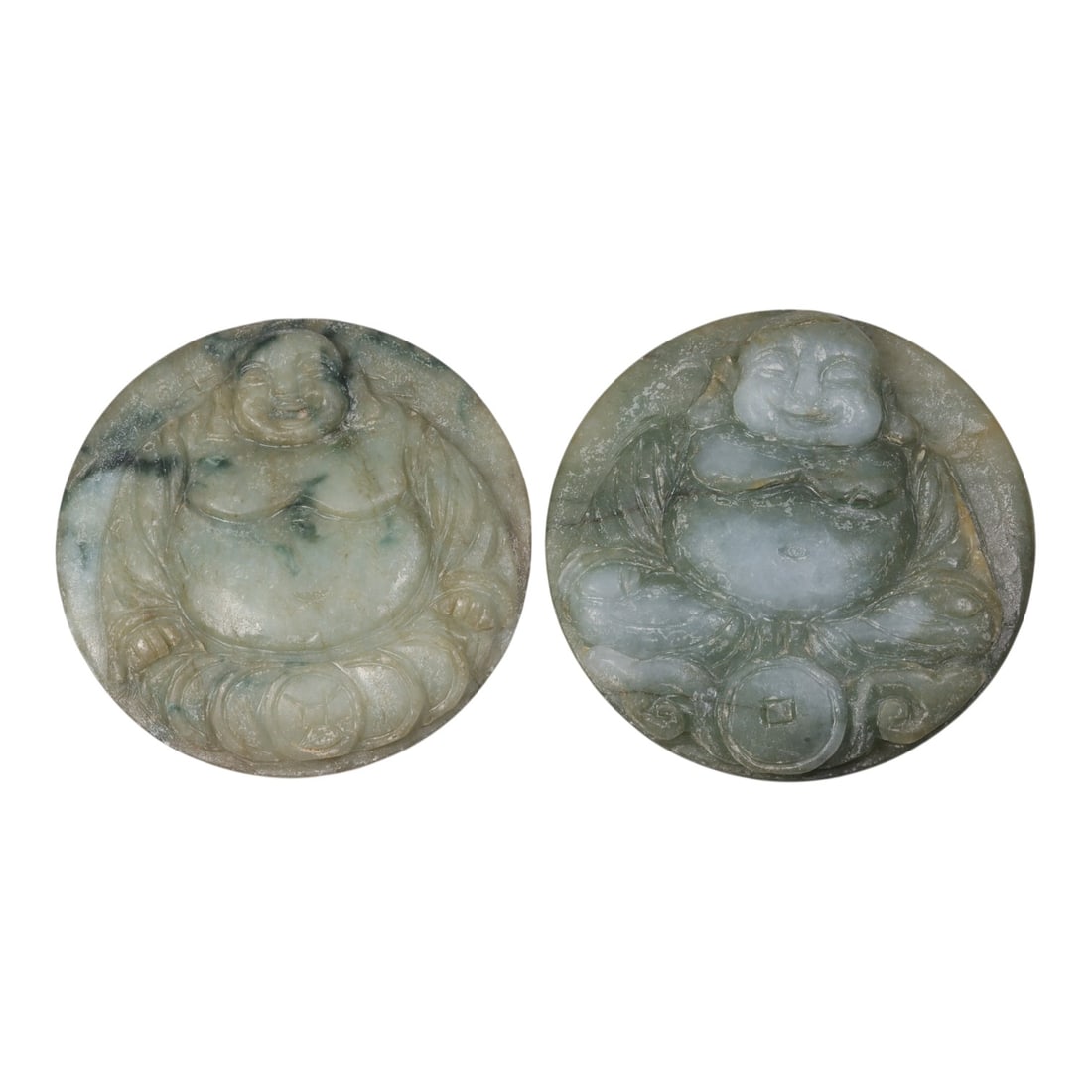 Lot of 2 Antique Oriental Chinese Jadeite Jade Buddha Plaques, 33AG: The lot comprises two circular jadeite plaques, each carved in relief with a seated Budai (Laughing Buddha) figure. The left plaque features mottled light green jadeite with dark green inclusions, dep