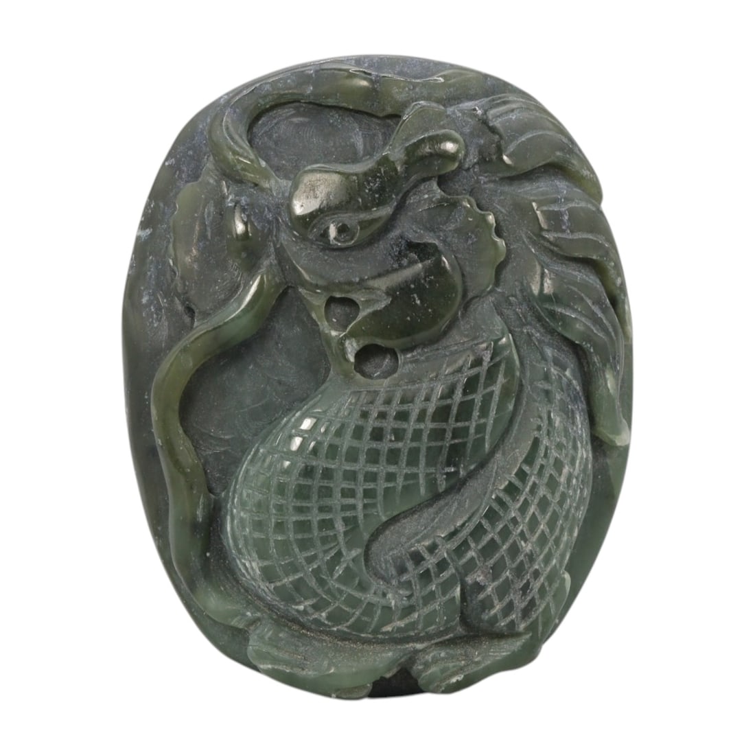 385 Carats Real Dark Green Jade Dragon Carved Pendant, 15YA: Hey there, friend! Let me tell you about this stunning jade dragon pendant, a real piece of hand-carved art! This one's a solid, weighty piece at 385 carats, measuring 51x41x20mm, with a small hole at