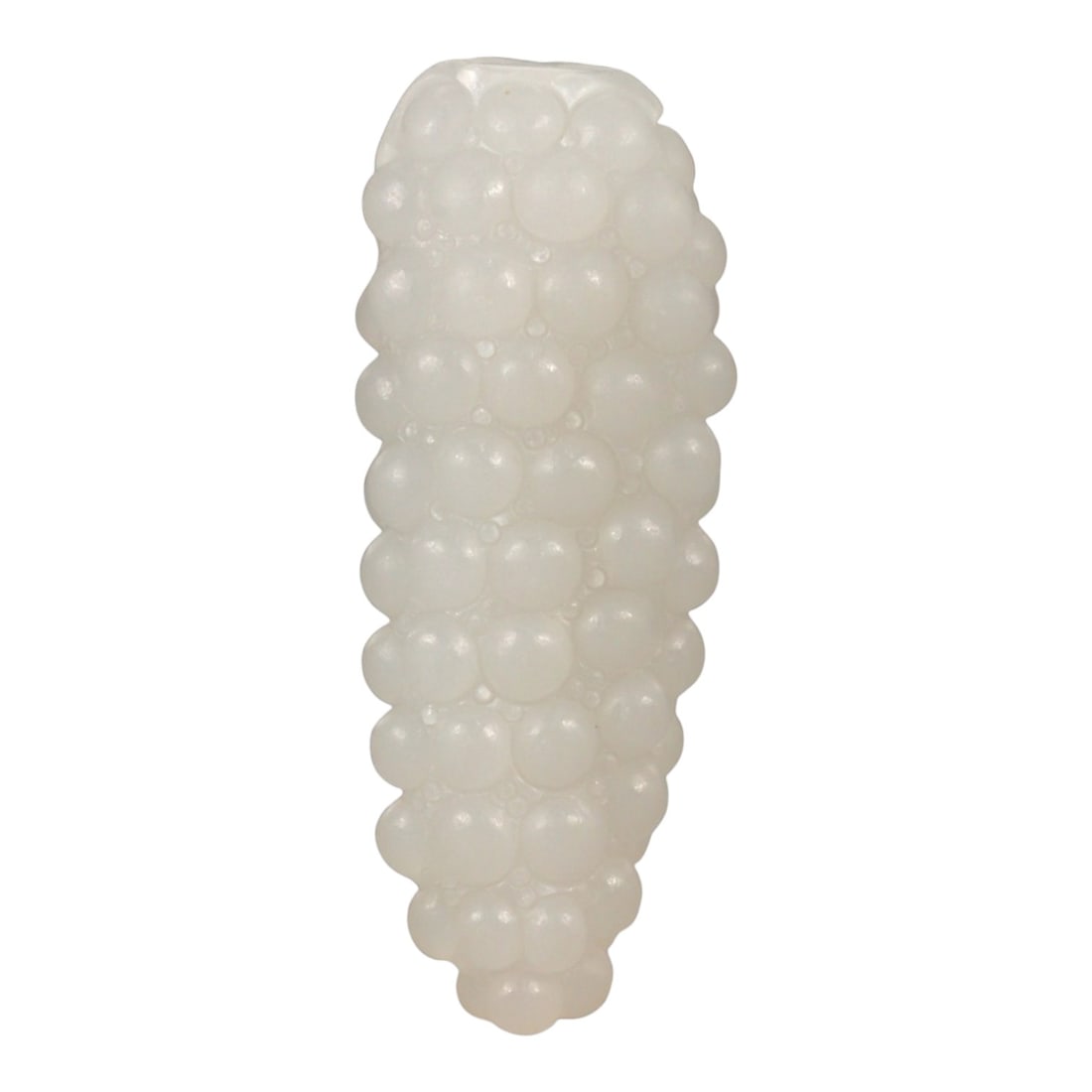 A Chinese Nephrite Jade Fruit Carving, 20th Century, 5FC: Carved from pale white nephrite jade with a high degree of translucency and subtle natural clouding, the object is modeled in the form of a clustered fruit, likely grapes, rendered as a vertical arran