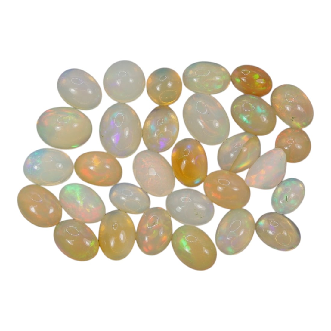 15.47 Carats Welo Opal Cabochon Parcel - Natural Ethiopian Stones, 52XA: This luminous collection of Welo opals features a rich palette of warm and cool translucent body tones, from milky white and soft cream to honey and golden amber, each adorned with vivid, shifting col