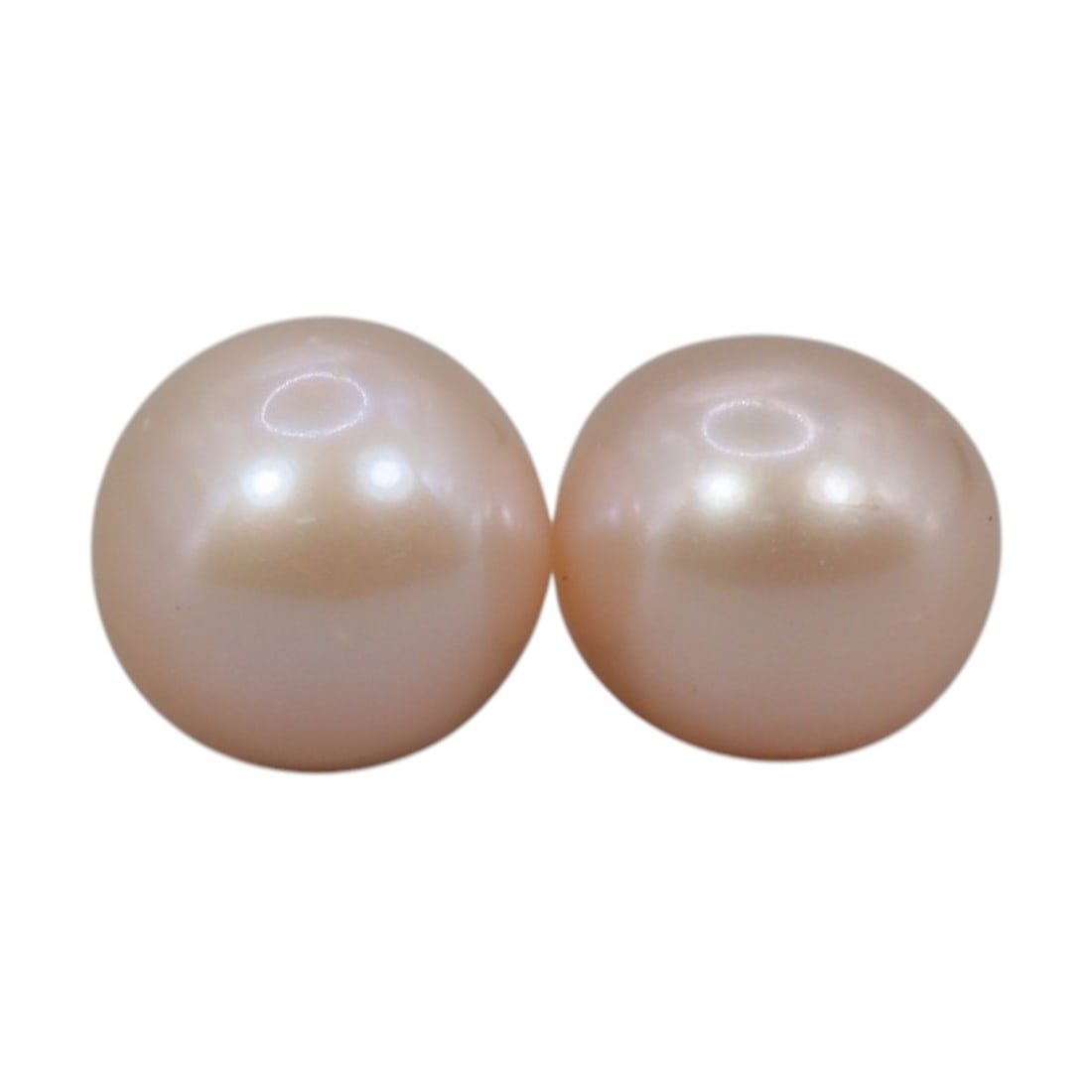 Freshwater Pearl Pair - Natural Pearl Peach Round Gemstones 8.2mm, 46XA: A matched pair of natural freshwater pearls, exhibiting a soft peach-pink hue with bright, uniform luster and subtle iridescent orient. The pearls are near-spherical, with smooth nacre and only minor 