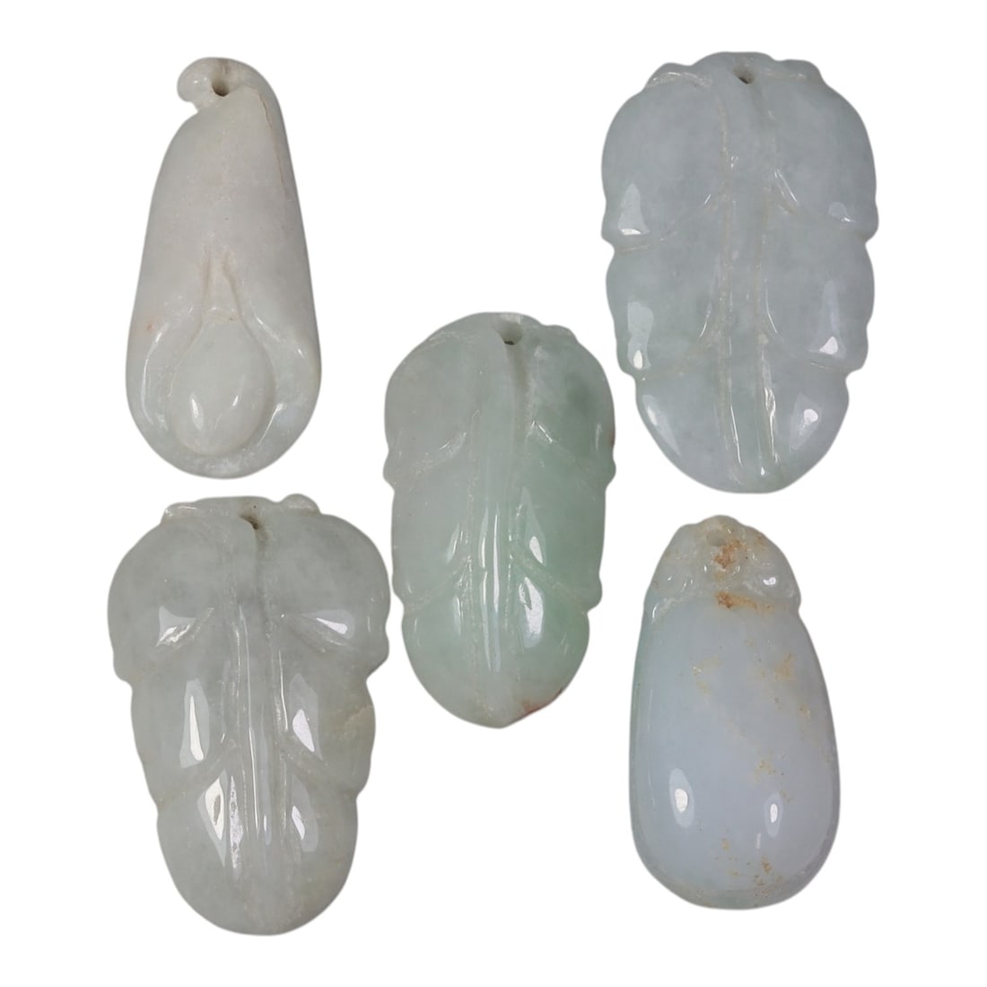 147 Carats Natural Burmese Type A Jadeite Jade Pendants Lot, 16AG: Let me share with you this sweet little collection of five natural Burmese Type A jadeite pendants, each one simple, pretty, and ready to wear! You've got three leaf-shaped carvings, one flower bud, a