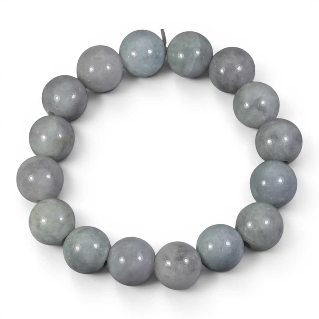 Natural Type A Burmese Jadeite Beaded Bracelet, 98AJ: I've got a soft, dreamy little bracelet here to show you, made entirely of natural Type A Burmese jadeite beads! This is a classic round-bead bracelet with a comfortable 54mm diameter. The beads are a
