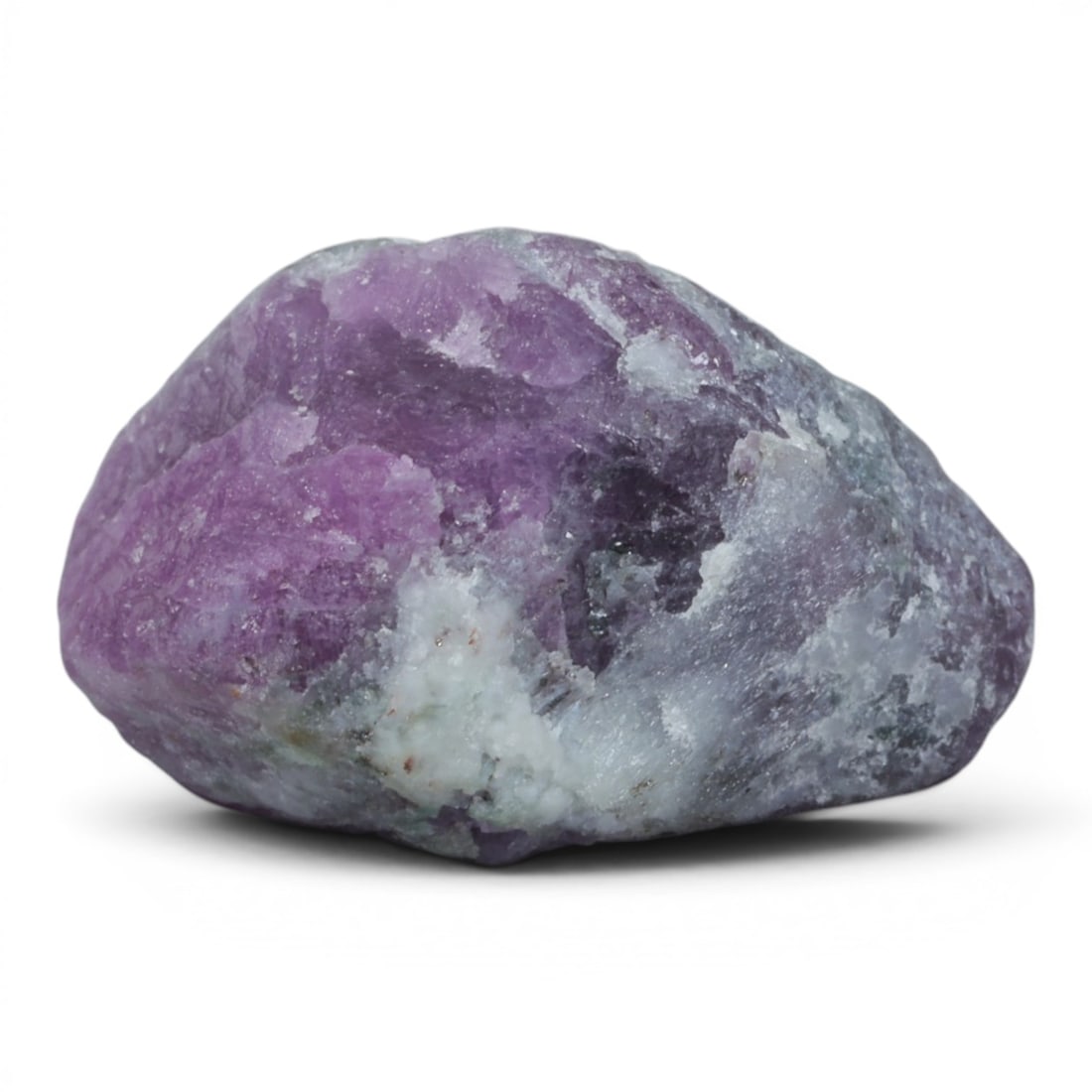 27.53ct Natural Mauritania Ruby Rough (Unheated), 63XA: This unheated Mauritania ruby rough is a stunning natural crystal specimen, showcasing a rich, saturated magenta-purple hue embedded in a contrasting pale, milky matrix. The stone's smooth, weathered 