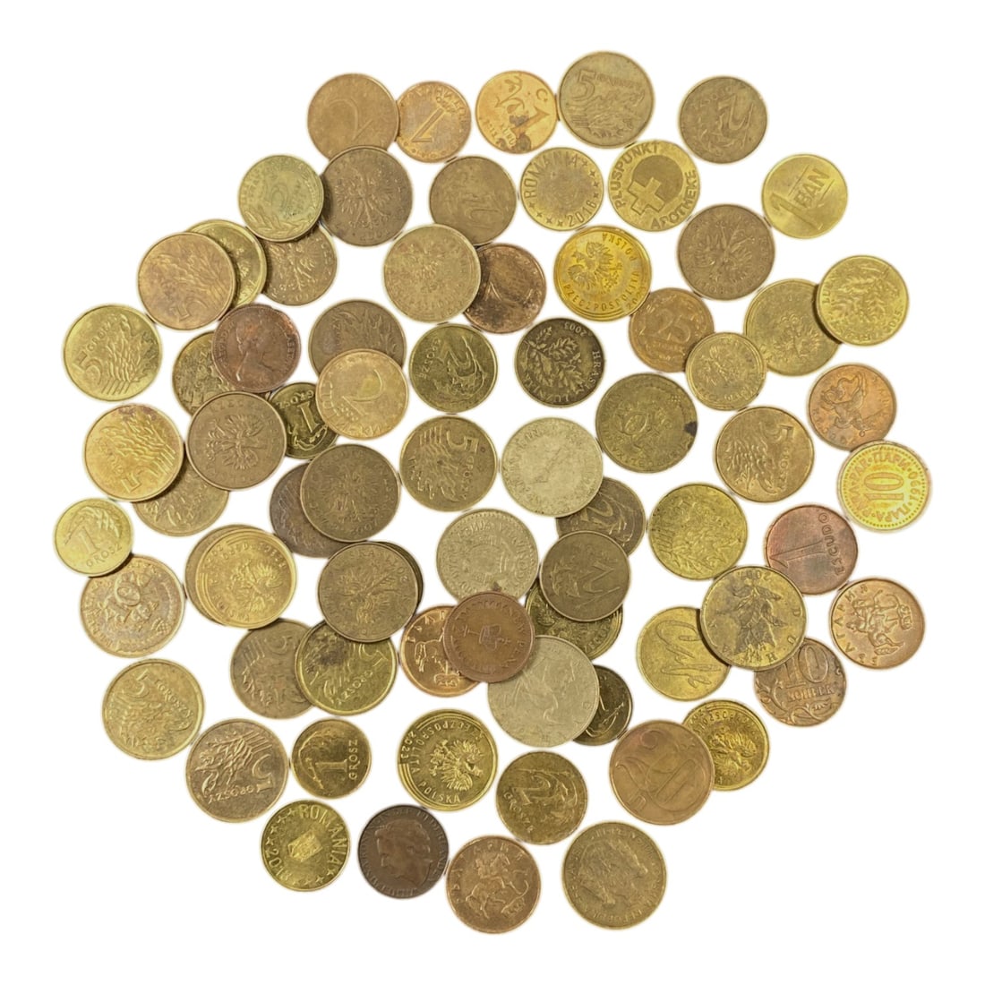 CENTRAL EUROPE: Post-War Transition - Mixed Brass Coin Bulk Lot, 8V: This diverse lot of Central European brass coins captures the everyday currency of post-war and mid-20th century Europe. Featuring denominations from Poland, Romania, and other regional states, the co