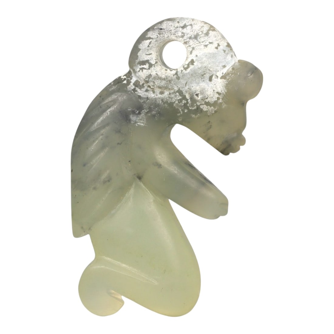 Chinese Jade Anthropomorphic Pendant - Carved Figure 6.7cm, 91ZC: Carved from pale green jade with soft translucency and cloudy natural inclusions, this sculptural figure is rendered in an upright, kneeling posture with arms bent forward. The carving presents a simp
