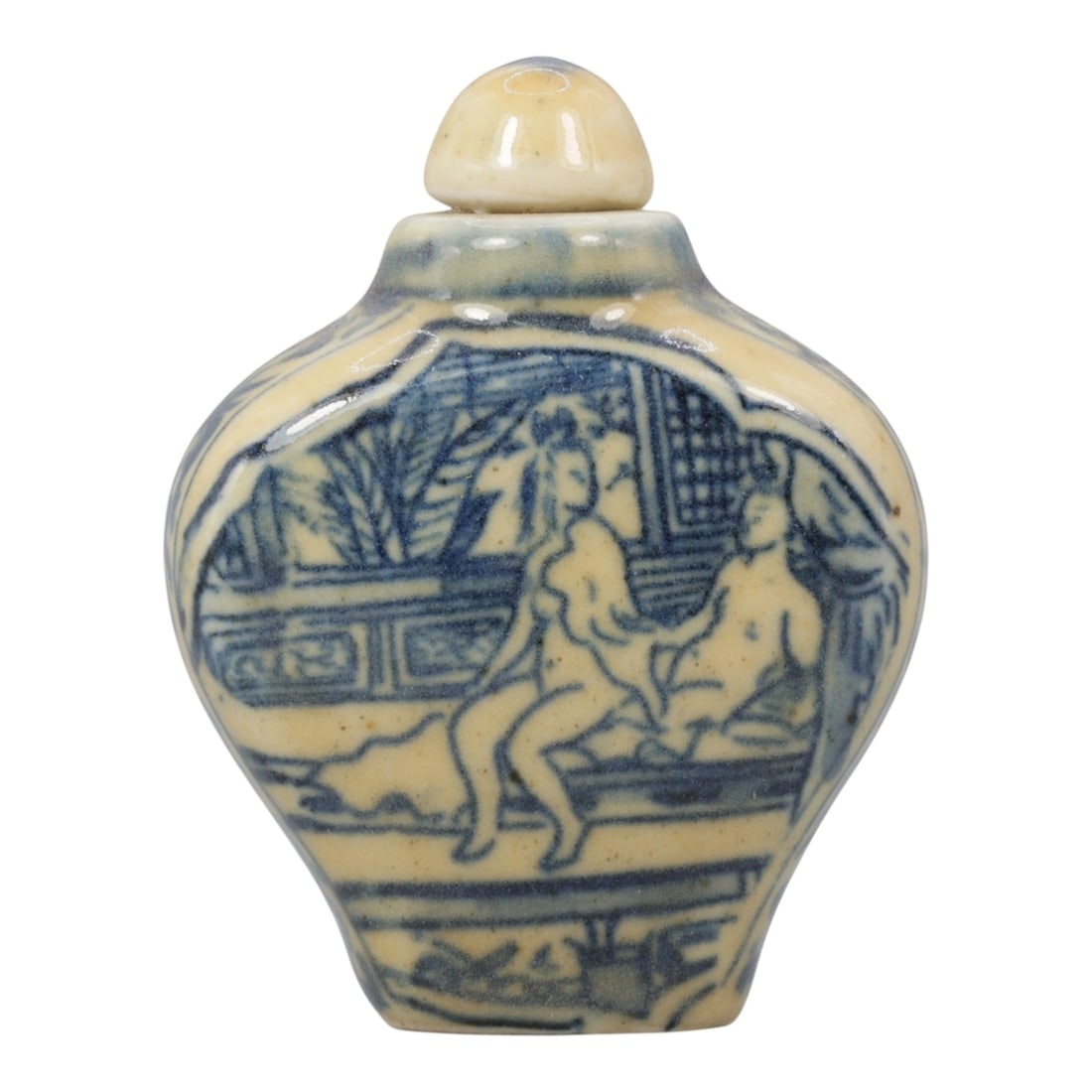 A Chinese Porcelain Snuff Bottle, 20th Century, 57BE: Crafted from porcelain with a pale cream glaze and decorated in underglaze blue, the snuff bottle features a flattened, faceted globular body, a short cylindrical neck, and a domed stopper. The main s