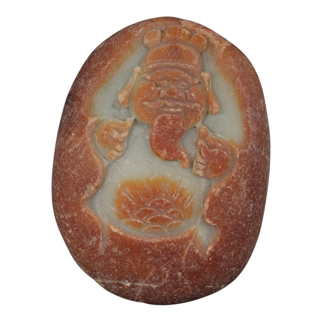 A Chinese Hardstone Figure Plaque, 20th Century, 74FC: Carved from reddish-orange hardstone with areas of translucent white matrix, the object is worked as an oval plaque featuring a standing male figure in relief. The figure is shown frontal, wearing a s