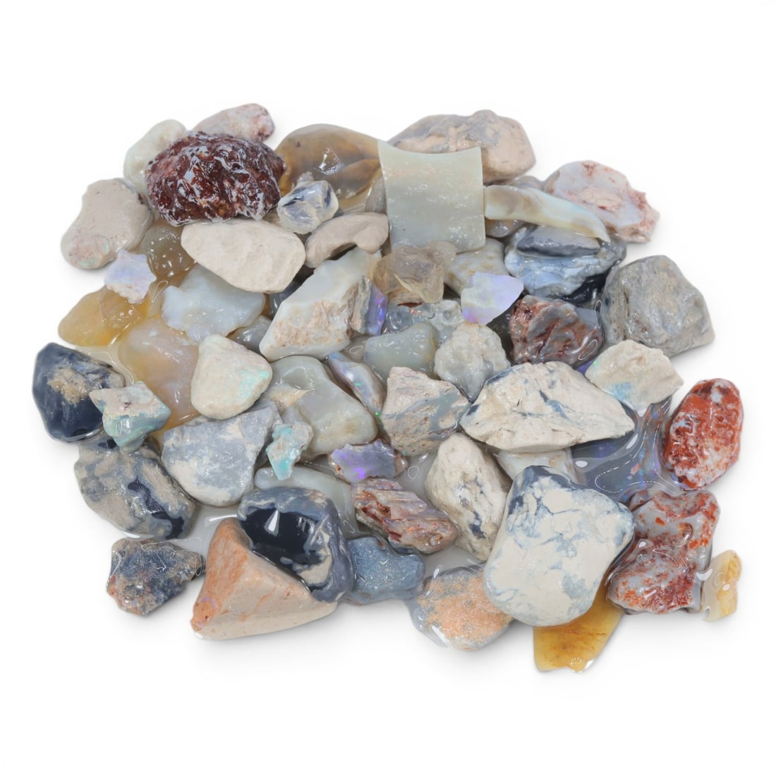 Natural Australian Lightning Ridge Opal Rough, 80g, 95WS: This collection of raw opal rough hails from Australia's legendary Lightning Ridge, showcasing the region's iconic play-of-color potential. The stones exhibit a range of natural hues, from milky white