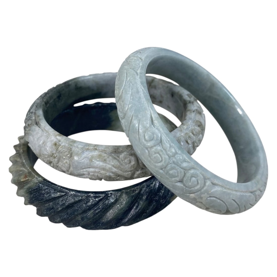 Lot of 3 Chinese Carved Jadeite Jade Bracelets (Bangles), 86AC (1 of 1)