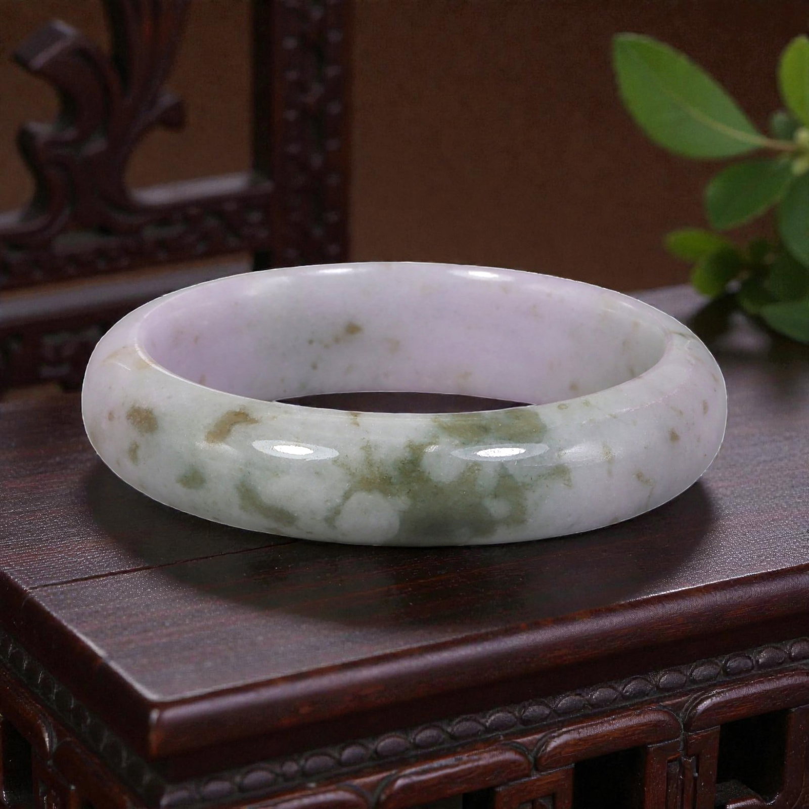 Natural Burmese Type A Lavender & Green Jadeite Bangle - Watercolor Pattern Bracelet, 6EA: This is a wide, solid bangle crafted from natural Burmese Type A jadeite, displaying a soft lavender base with delicate green watercolor-style patterning and subtle earthy inclusions throughout the po