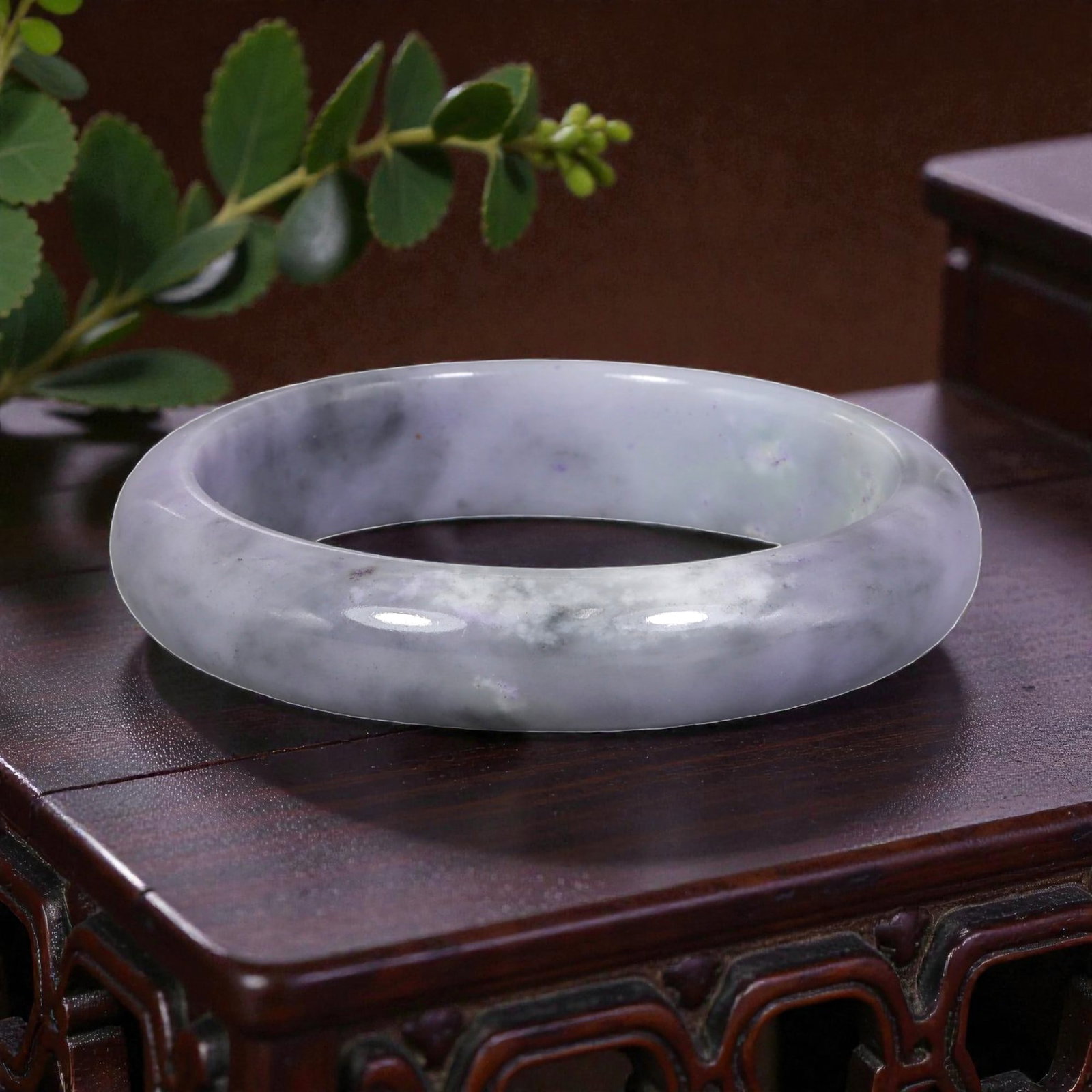 Natural Burmese Type A Lavender & Black Jadeite Bangle - Misty Pattern Bracelet, 8EA: This is a wide, solid bangle crafted from natural Burmese Type A jadeite, displaying a soft lavender base with misty black and grey patterning, accented by subtle purple highlights throughout the poli