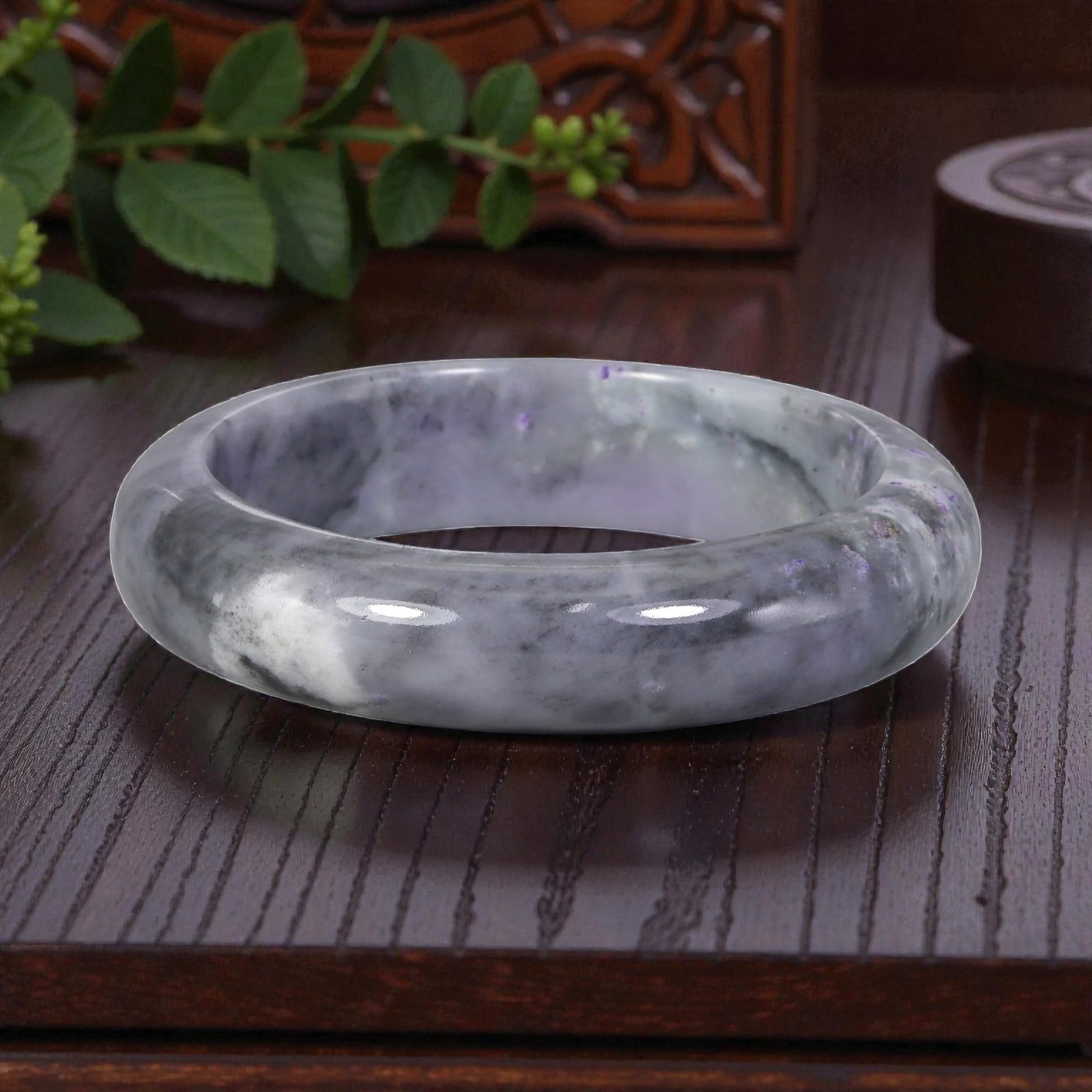 Natural Burmese Type A Lavender & Black Jadeite Bangle - Cloudy Pattern Bracelet, 10EA: This is a wide, solid bangle crafted from natural Burmese Type A jadeite, displaying a soft lavender base with dramatic black cloud-like patterning and subtle purple highlights throughout the polished