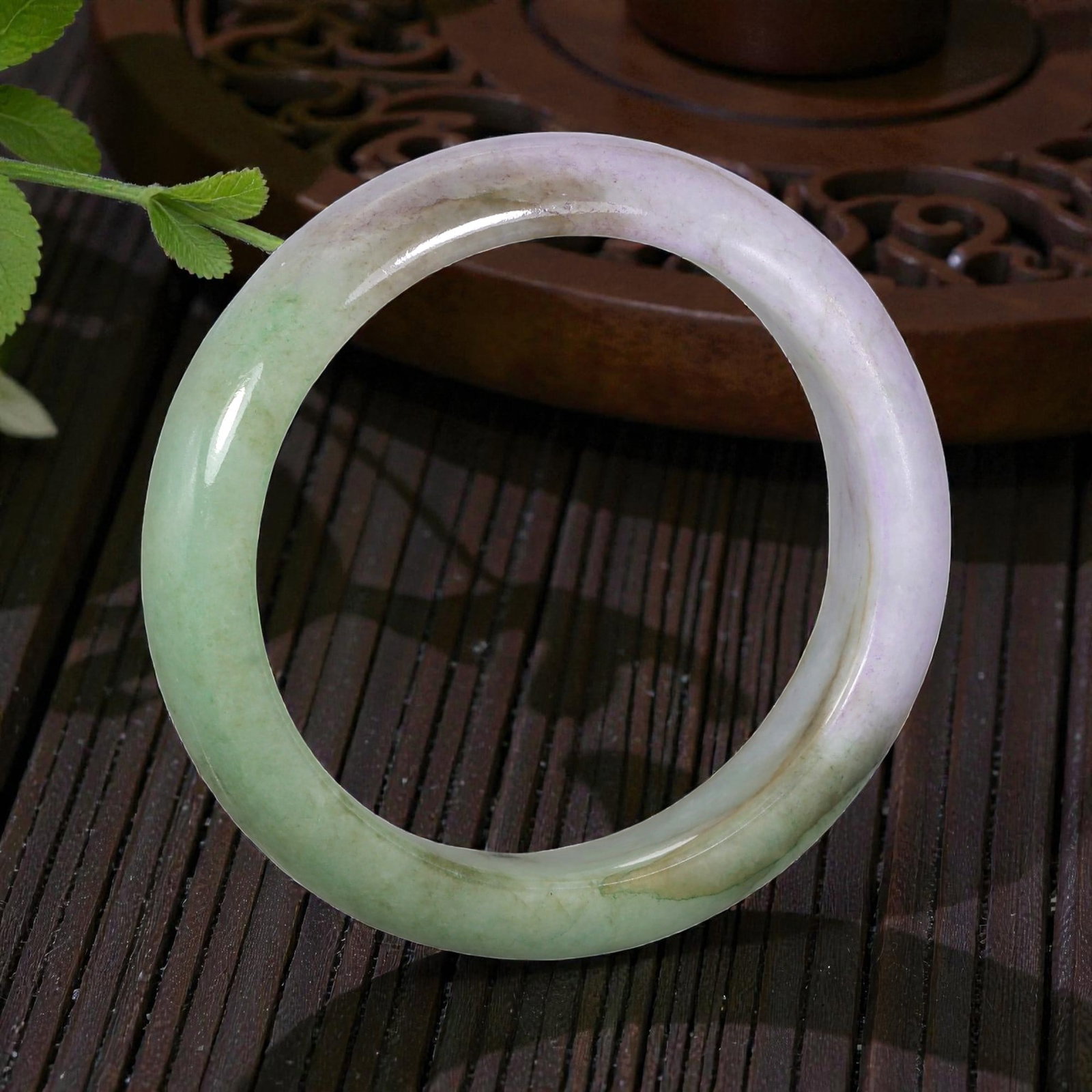 Natural Burmese Type A Lavender & Green Jadeite Bangle - Gradient Bracelet, 14EA: This is a wide, solid bangle crafted from natural Burmese Type A jadeite, displaying a striking color gradient from soft lavender to muted green, with subtle natural brown veining throughout the polis