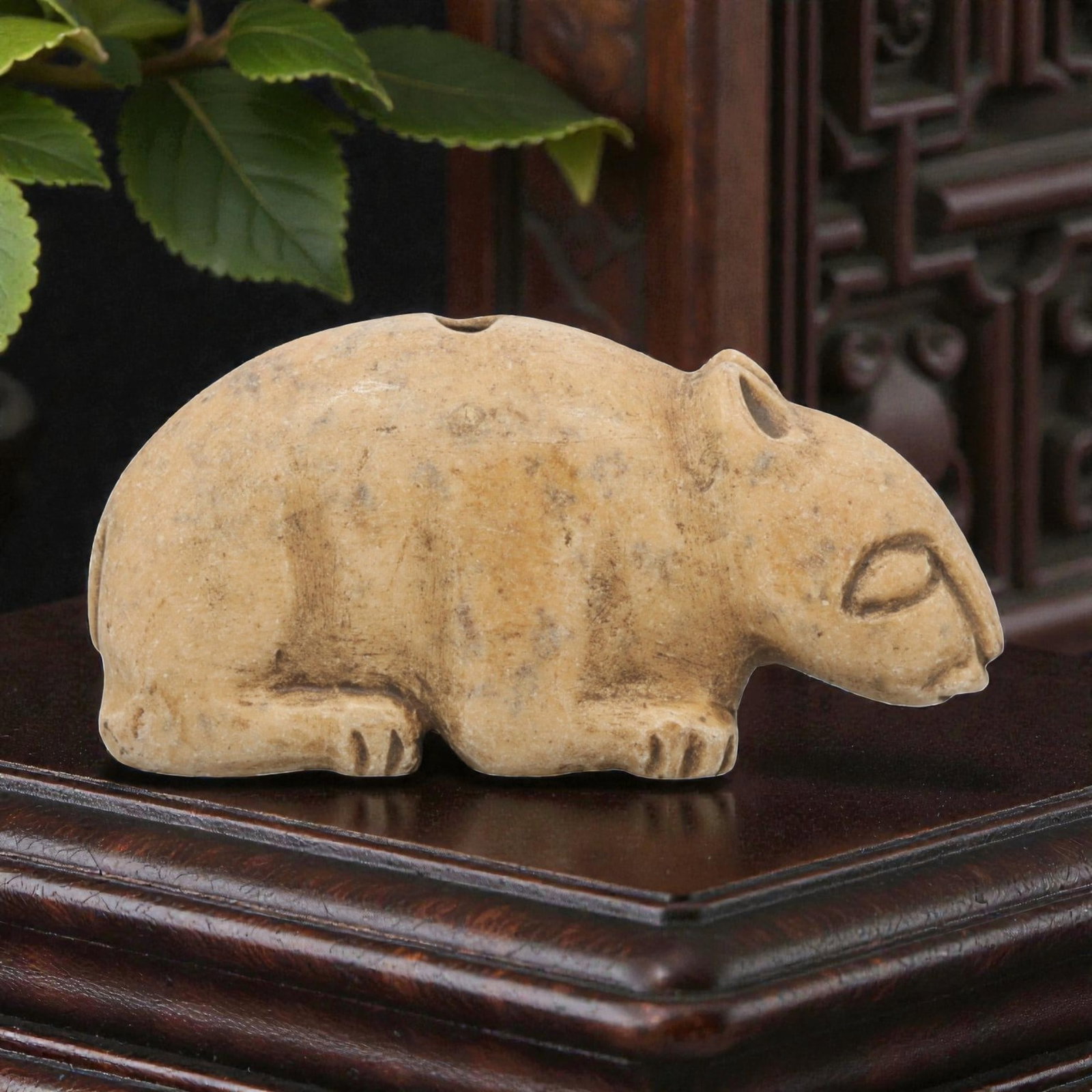 Ancient Stone Rodent Amulet - Near Eastern Zoomorphic Figurine, 14WJ: Carved from a fine-grained, pale beige stone, this artifact takes the form of a stylized zoomorphic rodent figure, rendered in a naturalistic crouching posture. The creature is depicted with a rounded