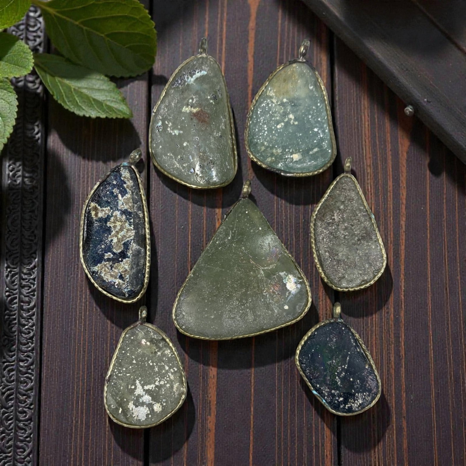 Lot of 7 Ancient Roman Glass Slag Pendants in Modern Brass Settings, 62AH (1 of 1)
