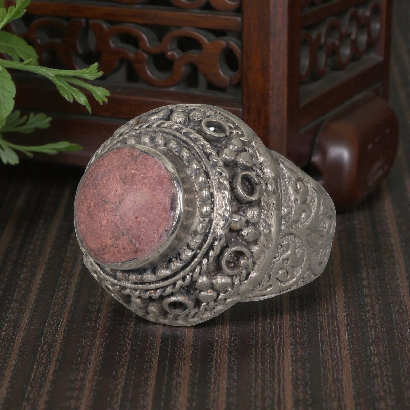 A Middle Eastern Silver Plated Rhodonite Ring, Late 19th-Early 20th Century, 21AK (1 of 2)