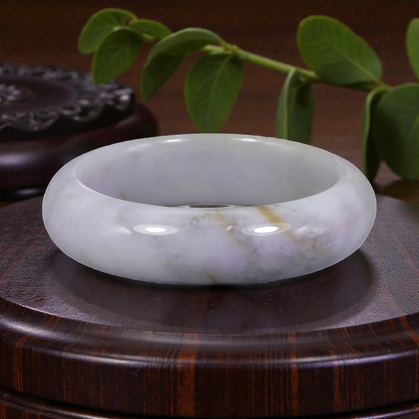 Natural Burmese Type A White & Brown Jadeite Bangle - Earthy Vein Bracelet, 4EA: This is a wide, solid bangle crafted from natural Burmese Type A jadeite, displaying a milky white base with subtle lavender undertones and warm brown earthy veining throughout the polished stone. The