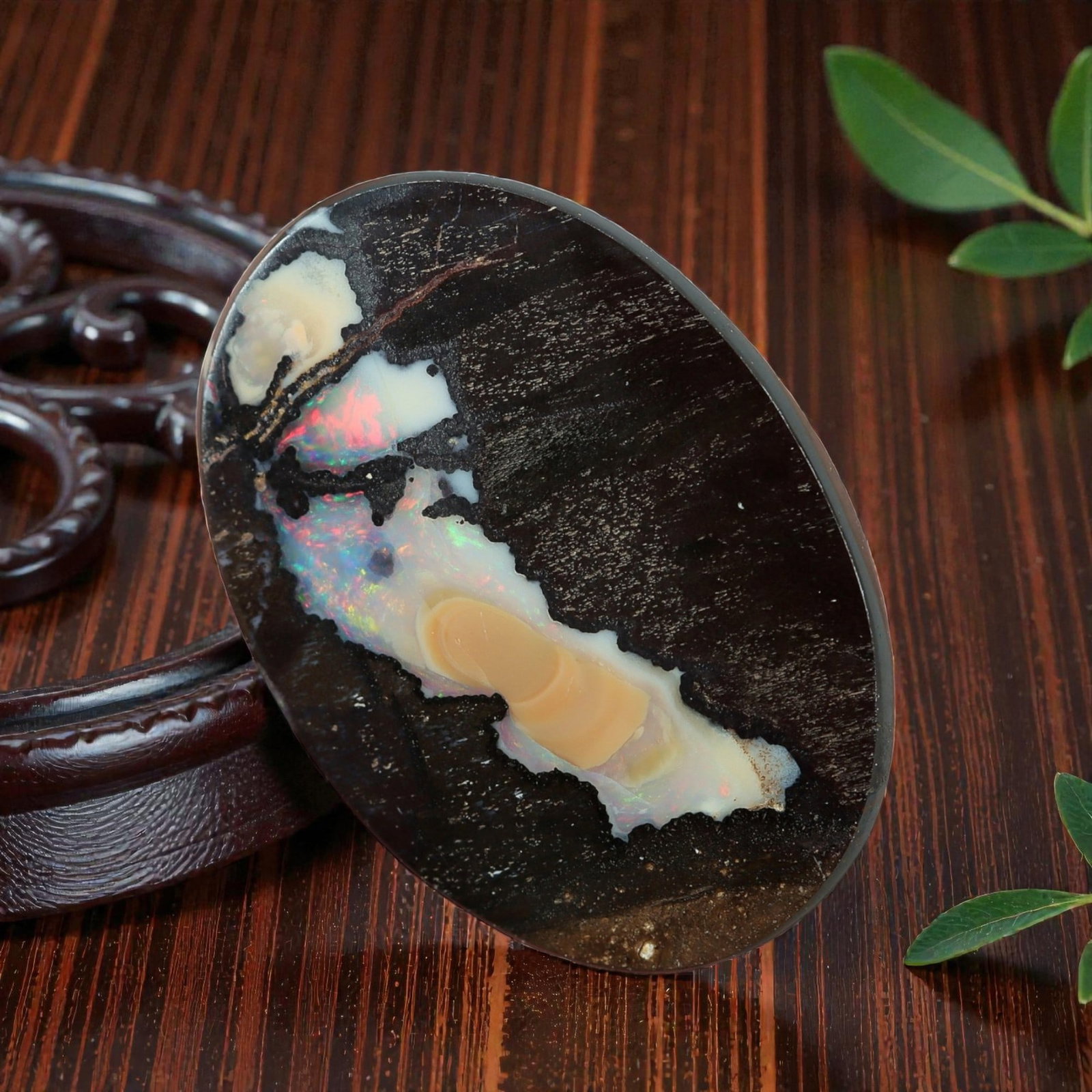 4.15 Carats Koroit Boulder Opal Cabochon - Natural Australian Stones 13.9x9.9mm, 17XM: This exceptional 4.15-carat Koroit boulder opal cabochon is a natural masterpiece, showcasing a striking, organic formation of milky white and peach-toned opal, infused with a vivid spectrum of play-o