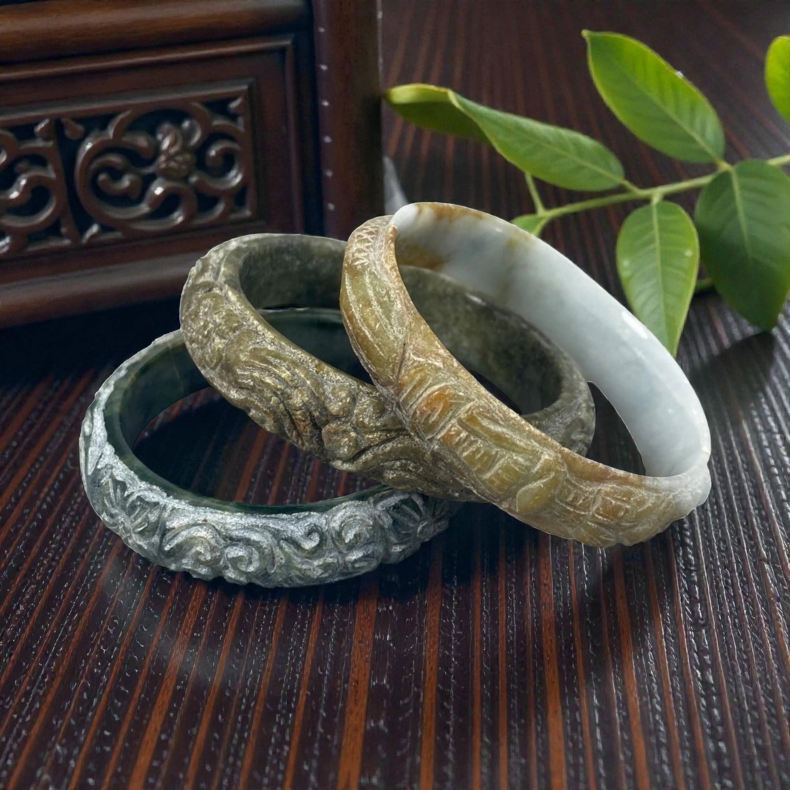 Lot of 3 Chinese Carved Jadeite Jade Bracelets (Bangles), 81AC (1 of 2)