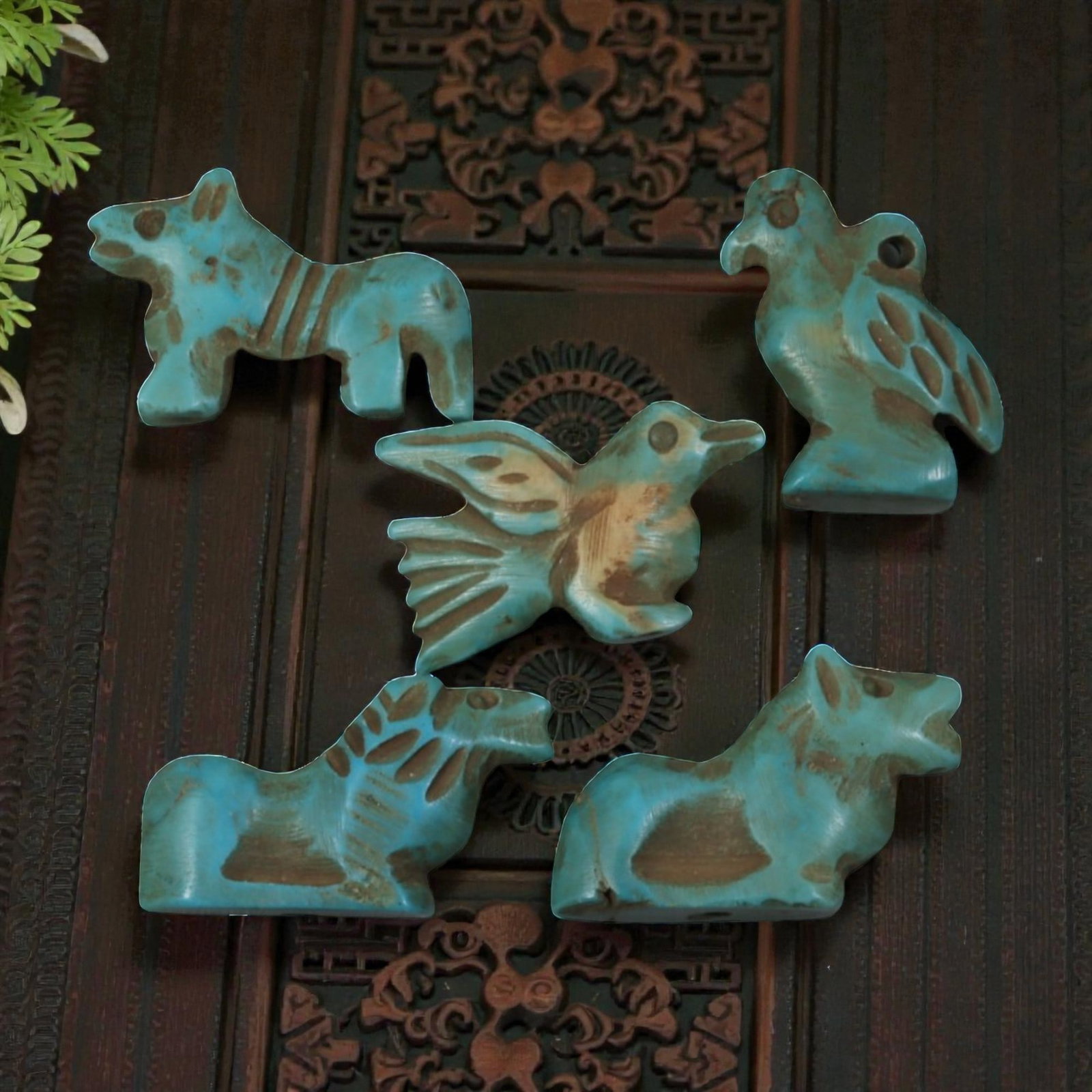 Lot of 5 Ancient Coptic Egyptian Turquoise Stone Zoomorphic Amulets, Roman to Coptic Era, 84WT: Carved from turquoise-hued stone, the group consists of five stylized zoomorphic amulets. The set includes two quadrupedal forms, possibly horses or felines, and three avian forms with incised feather