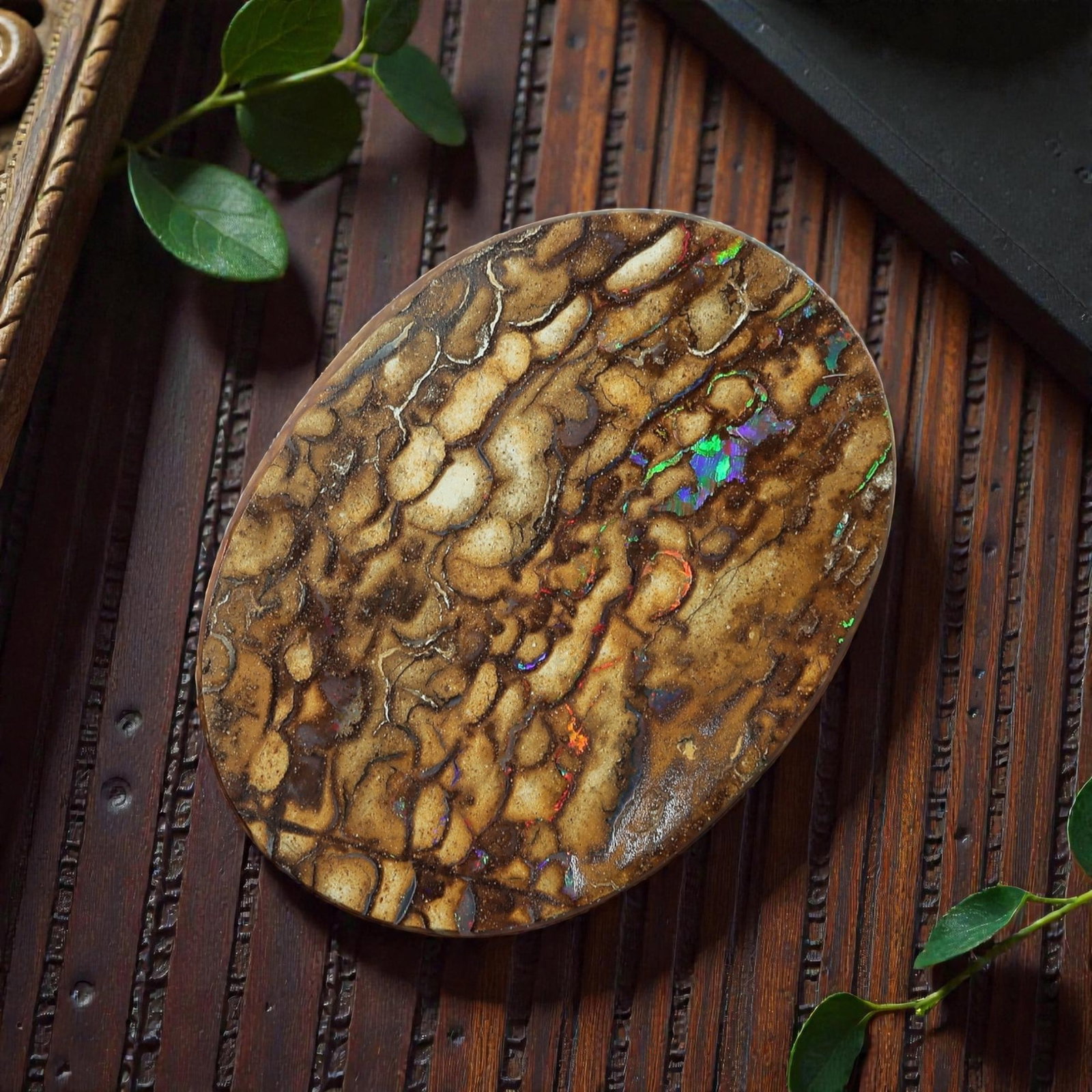 2.34 Carats Brown Matrix Multicolor Koroit Yowah Opal Cabochon - Natural Australian Stone, 23XM: This singular Koroit Yowah opal cabochon presents a striking natural tableau, with a rich brown ironstone matrix interwoven with delicate veins and flecks of iridescent opal. The stone's oval form sho
