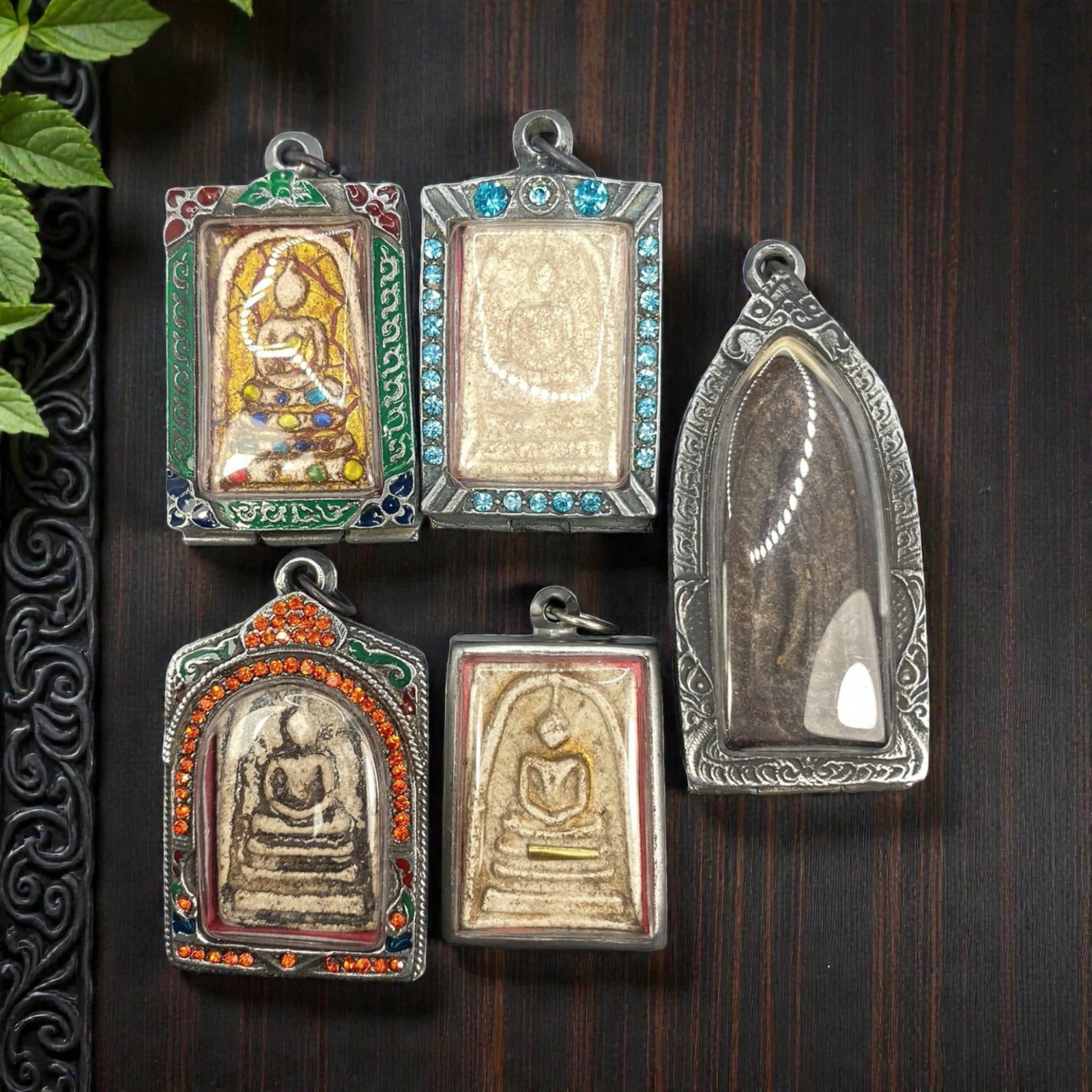 A Lot of 5 Vintage Thai Buddhist Amulets with Enamel and Jewel Accents, 17WT (1 of 1)