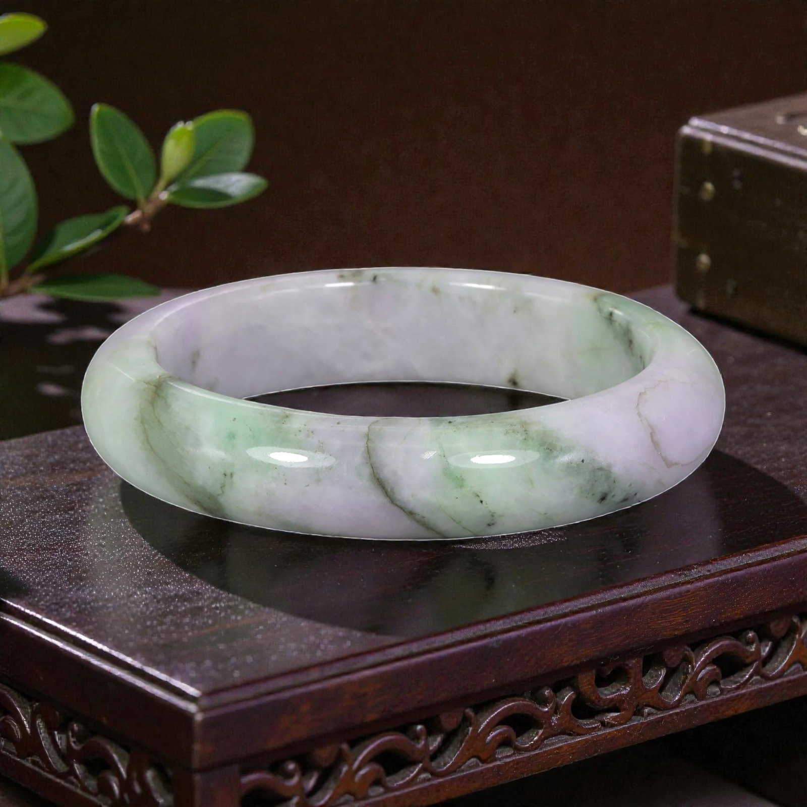 Natural Burmese Type A Lavender & Green Jadeite Bangle - Soft Pastel Bracelet, 11EA: This is a thick, solid bangle crafted from natural Burmese Type A jadeite, displaying a soft pastel palette of lavender and muted green, with subtle natural veining and earthy inclusions throughout th