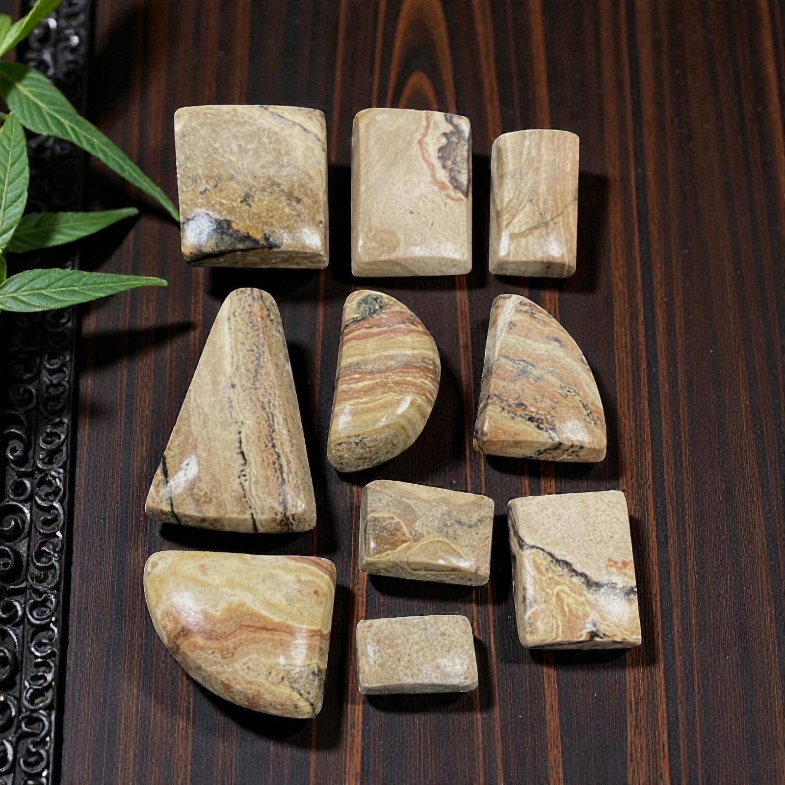 129.35 Carats Earthy Banded Jasper Cabochon Parcel - Natural Brazilian Stones 1.2-2.7cm, 70ZJ: This curated parcel of banded jasper cabochons showcases the earthy, organic beauty of this ancient stone, with swirling bands of warm beige, terracotta, and deep charcoal that evoke desert landscapes