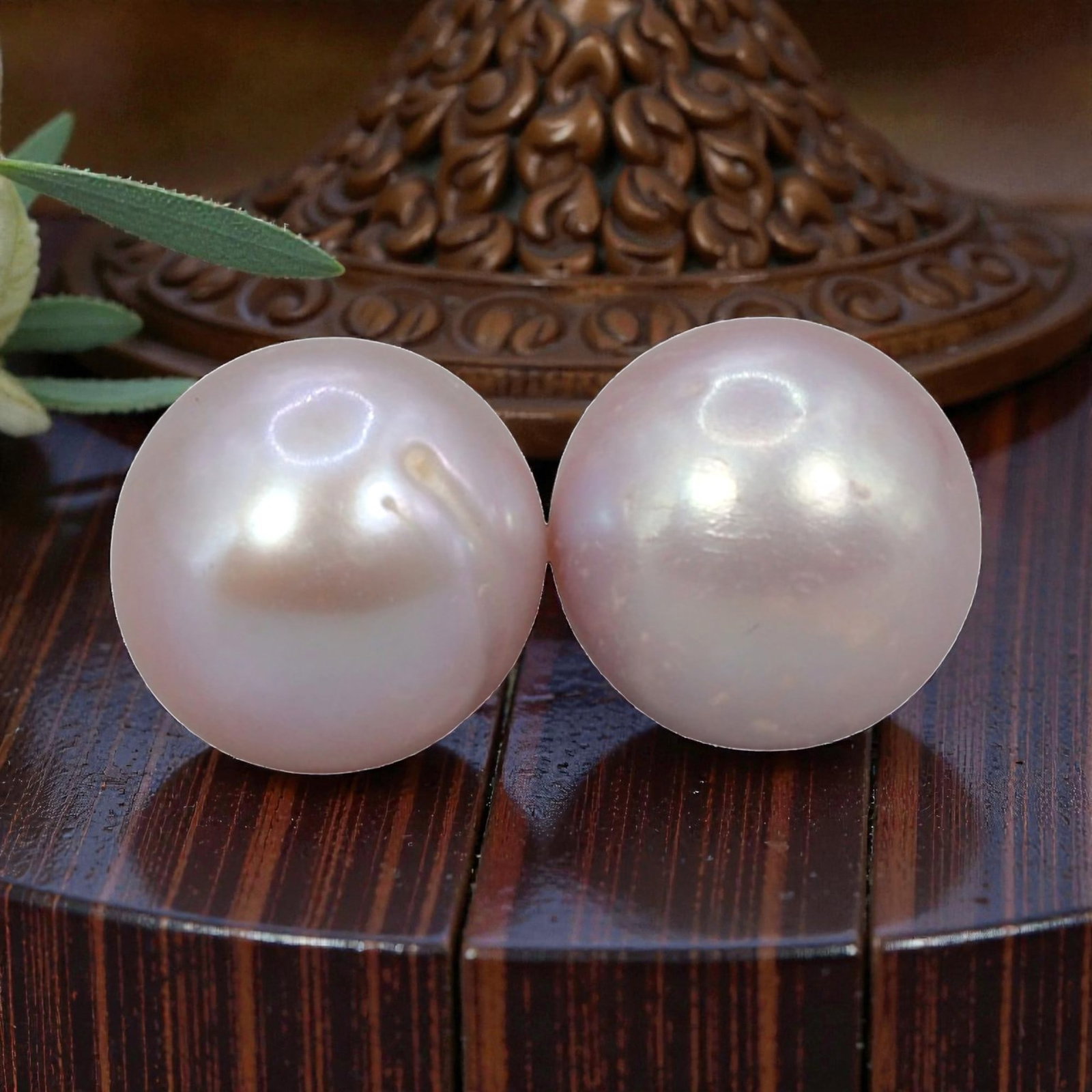 Freshwater Pearl Pair - Natural Pearl Lavender Round Gemstones 7.5mm, 27XA: A matched pair of natural freshwater pearls, exhibiting a soft lavender-pink hue with moderate luster and subtle iridescent orient. The pearls are near-spherical, with visible natural surface inclusio