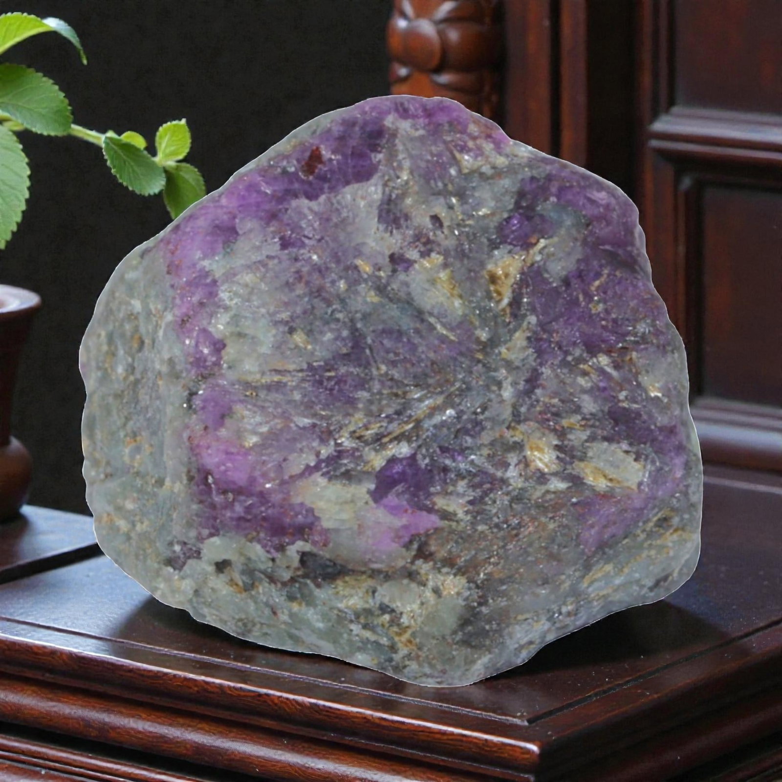 24.78ct Natural Mauritania Ruby Rough (Unheated), 57XA: This unheated Mauritania ruby rough is a captivating natural crystal specimen, featuring vivid magenta-purple ruby formations embedded in a contrasting greyish matrix. The stone's rough, unpolished su