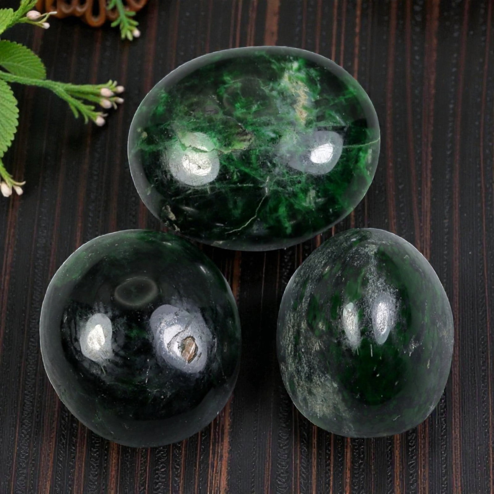 65.11 Carats Natural Burmese Maw Sit Sit Jade Cabochon Lot, 80AJ: I'm happy to present this unique lot of three natural Burmese maw sit sit jade cabochons, each one full of rich, characterful beauty! Look at that striking deep forest green hue, shot through with vib