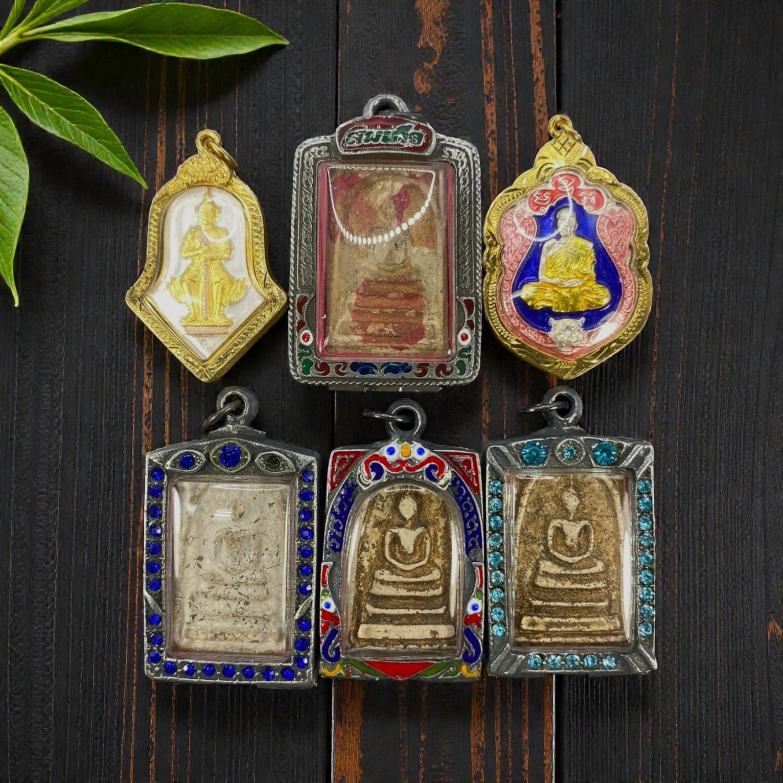 A Lot of 6 Vintage Thai Buddhist Amulets with Enamel and Jewel Accents, 8WS (1 of 1)