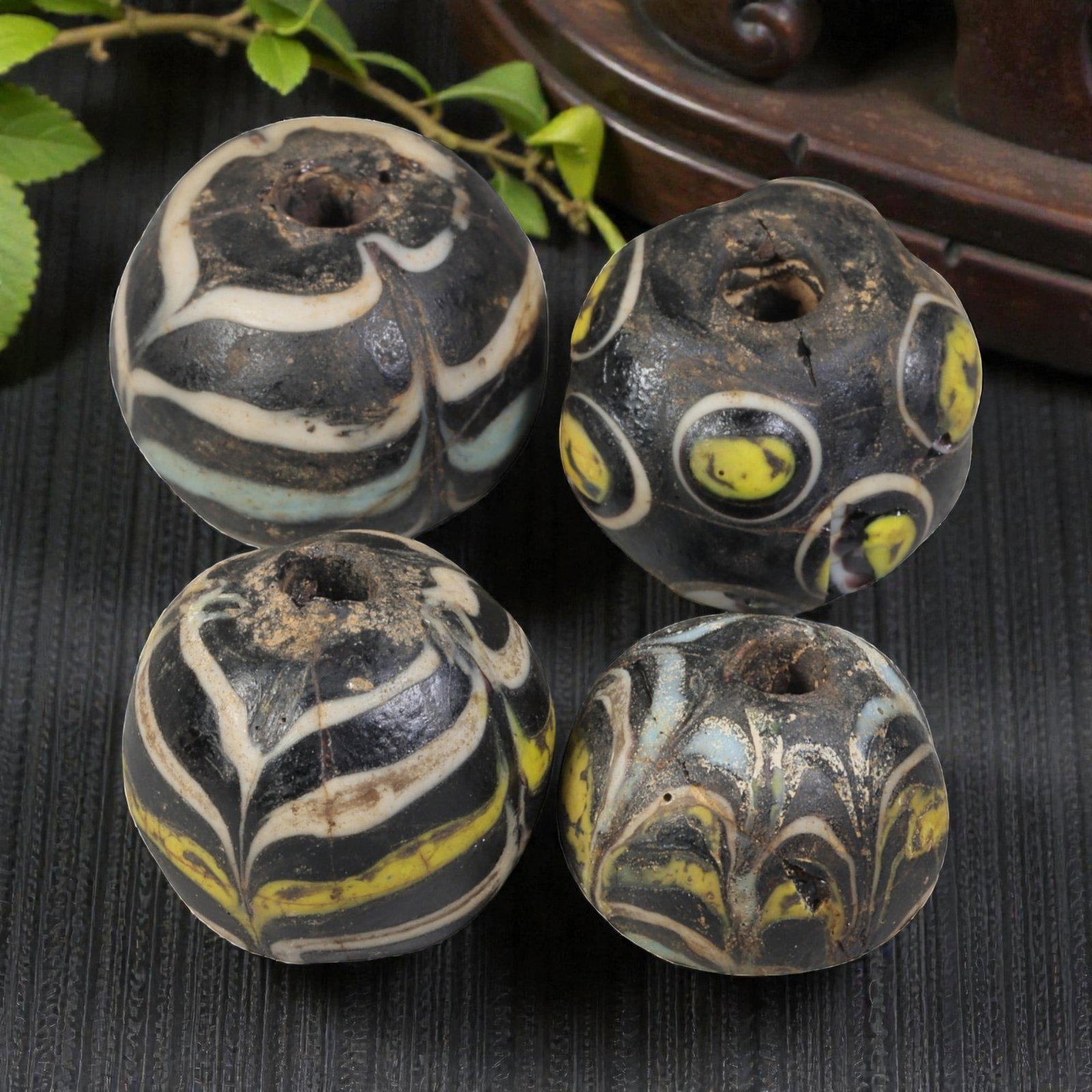 Lot of 4 Antique Islamic Feather-Patterned Glass Beads, Circa 9th-14th Century, 40WM (1 of 1)