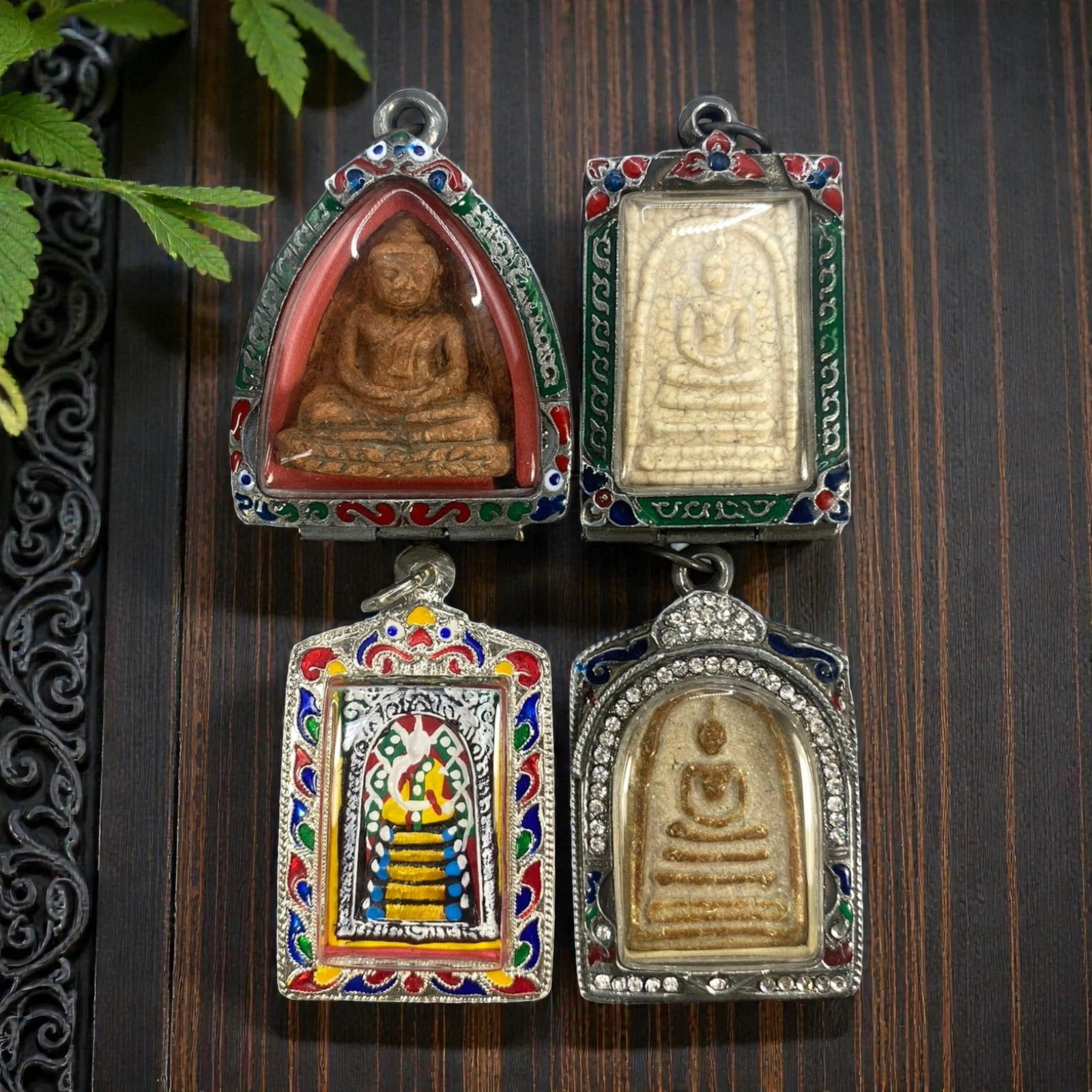 A Lot of 4 Vintage Thai Buddhist Amulets with Enamel and Jewel Accents, 12WS (1 of 1)