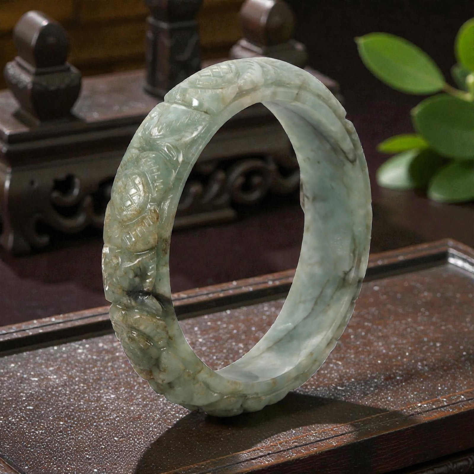A Chinese Carved Jadeite Jade Bangle Bracelet, 20th Century, 36ZL (1 of 2)