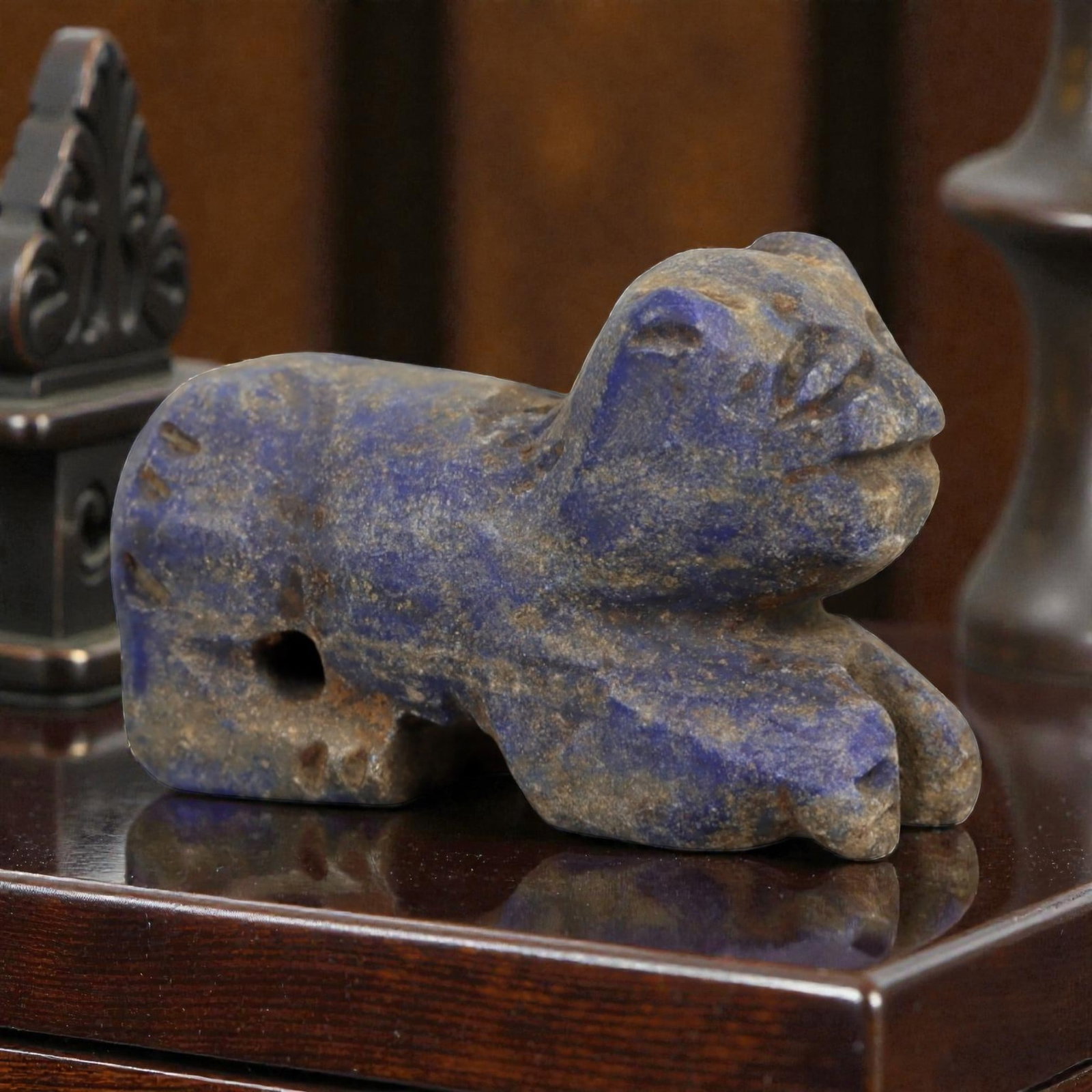 Ancient Schist Cub Zoomorphic Figurine - Animal Carving, 40AH: Carved from schist stone, this ancient cub zoomorphic figurine features a stylized animal form with incised detailing, typical of small-scale ornamental use in early cultural contexts. The stone exhib