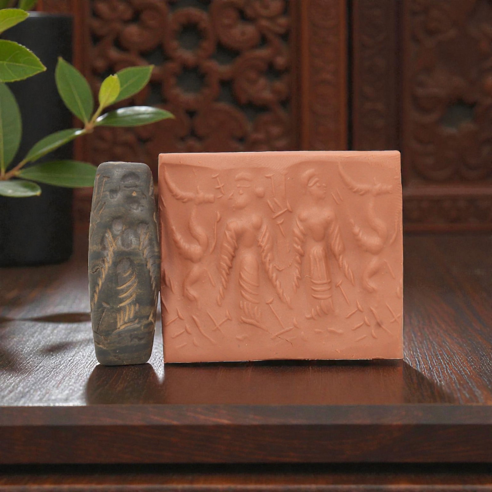 Ancient Steatite Cylinder Seal - Mesopotamian Winged Figures Scene, 81ZR (1 of 2)