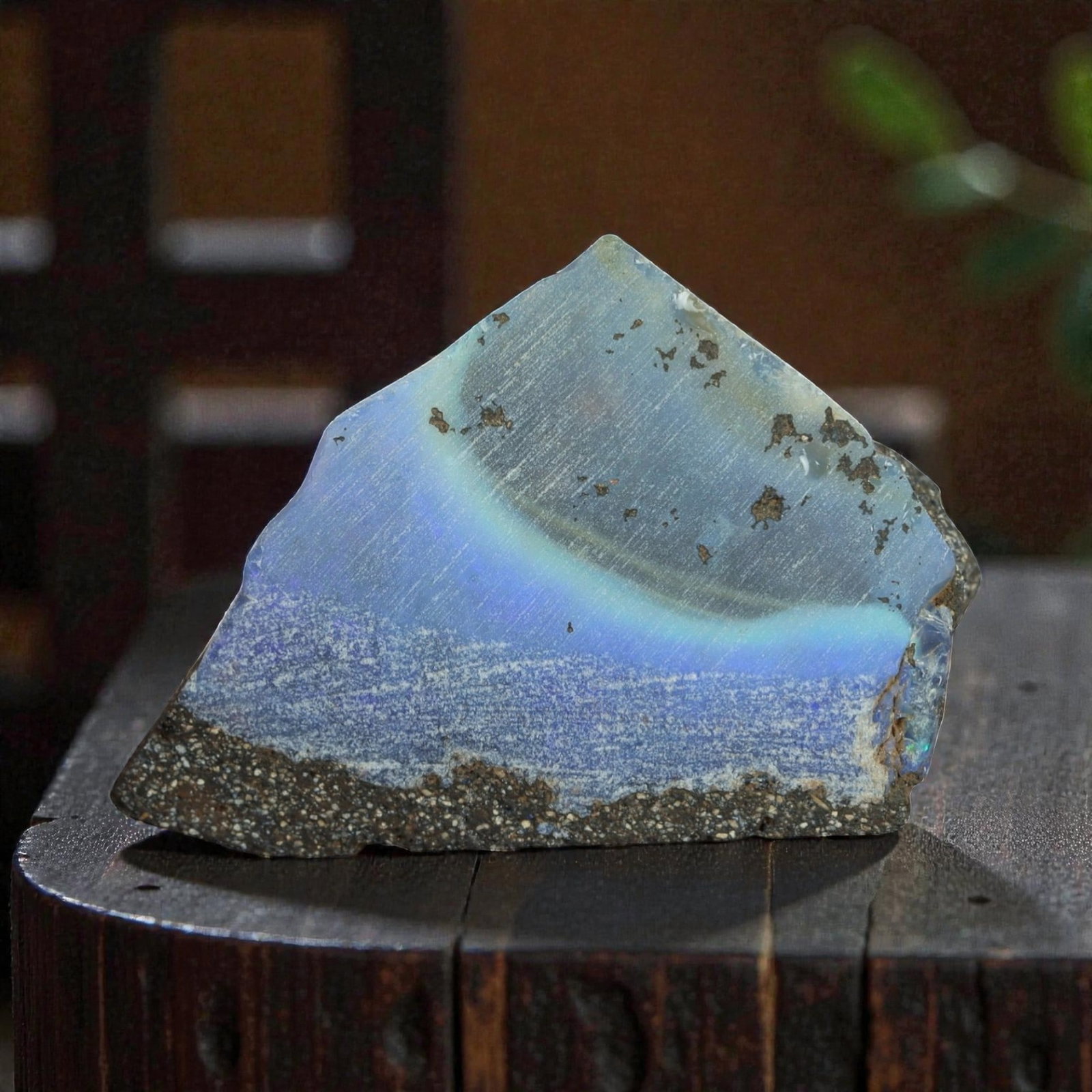 23.95 Carats Winton Boulder Opal Rough Slab - Natural Australian Stone, 36XP: This striking Winton boulder opal rough slab showcases a luminous band of ethereal sky-blue and pale aqua play-of-color, nestled within its natural ironstone host rock. Measuring precisely at 27.6 x 1