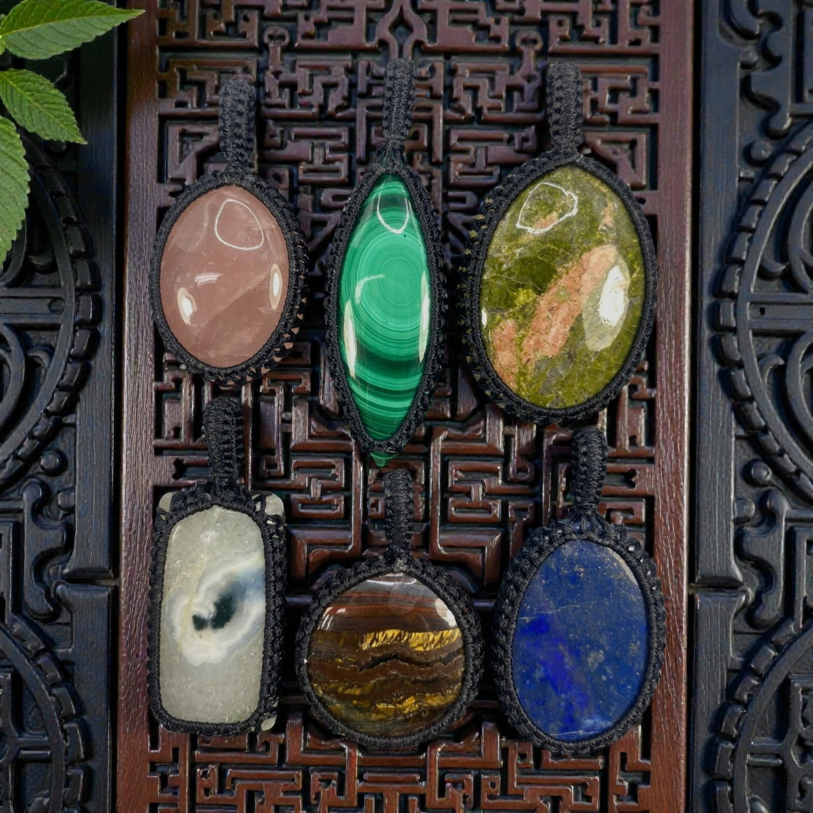 A Lot of 6 Macrame-Wrapped Gemstone Pendants, 10WS (1 of 1)
