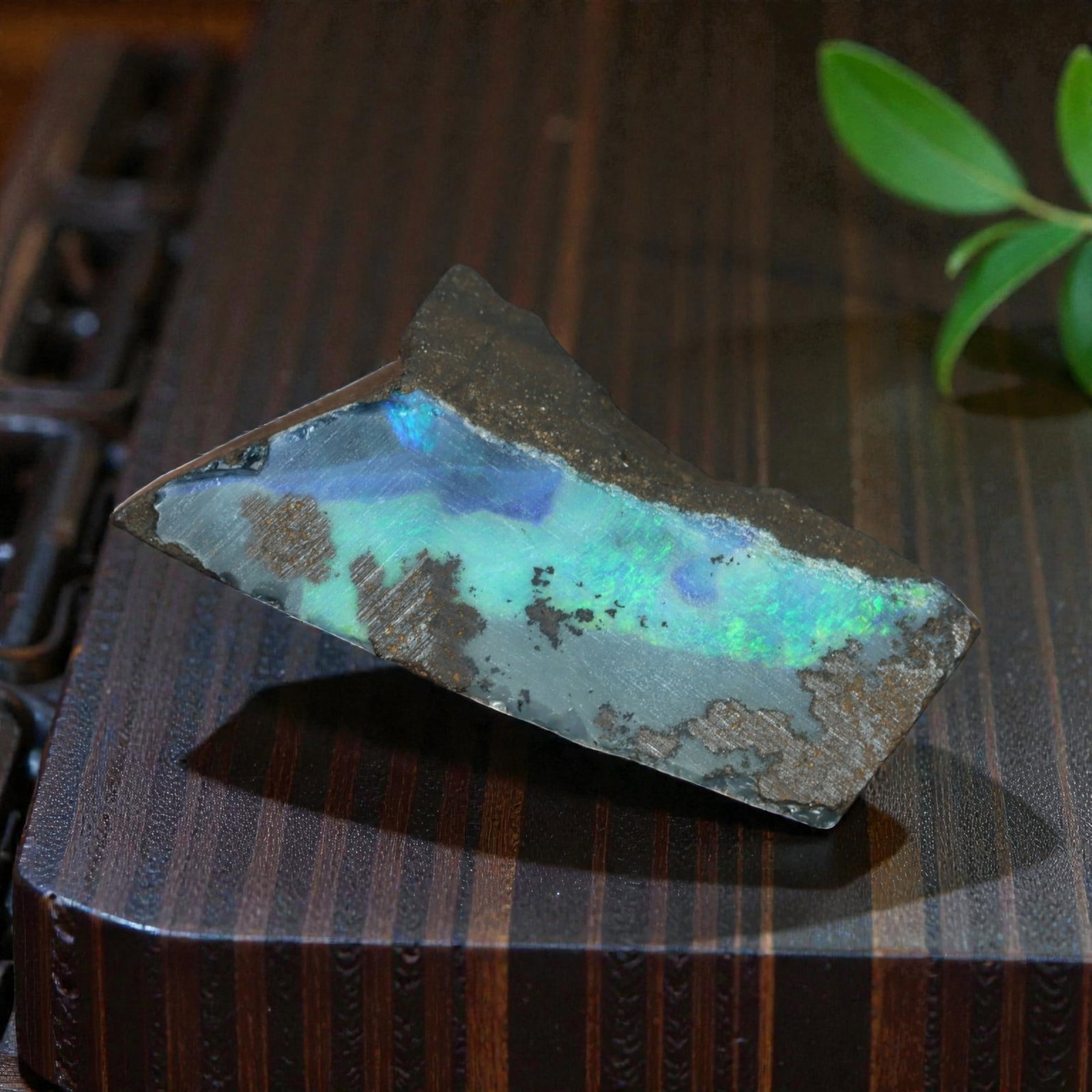11.62 Carats Iridescent Blue-Green Winton Opal Rough - Natural Australian Specimen 22x10mm, 90XM: This exceptional rough opal from Winton, Australia, captivates with a vivid play of color, where intense flashes of electric green and deep celestial blue swirl through a milky, translucent base. The 