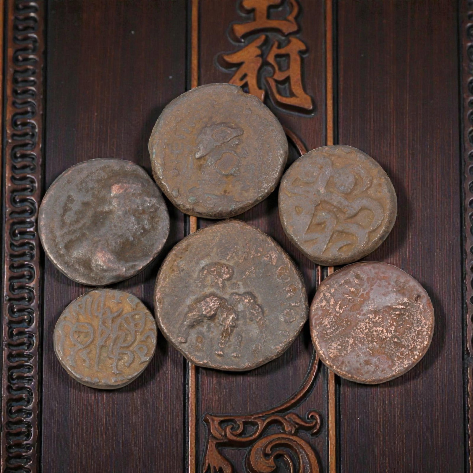 Lot of 6 Ancient Indo-Greek Bronze Coins, Circa 2nd-1st Century BCE, 23WL: The group comprises six round bronze coins of varying sizes, characteristic of Indo-Greek coinage from the northwestern Indian subcontinent. The obverses and reverses depict iconography including roya