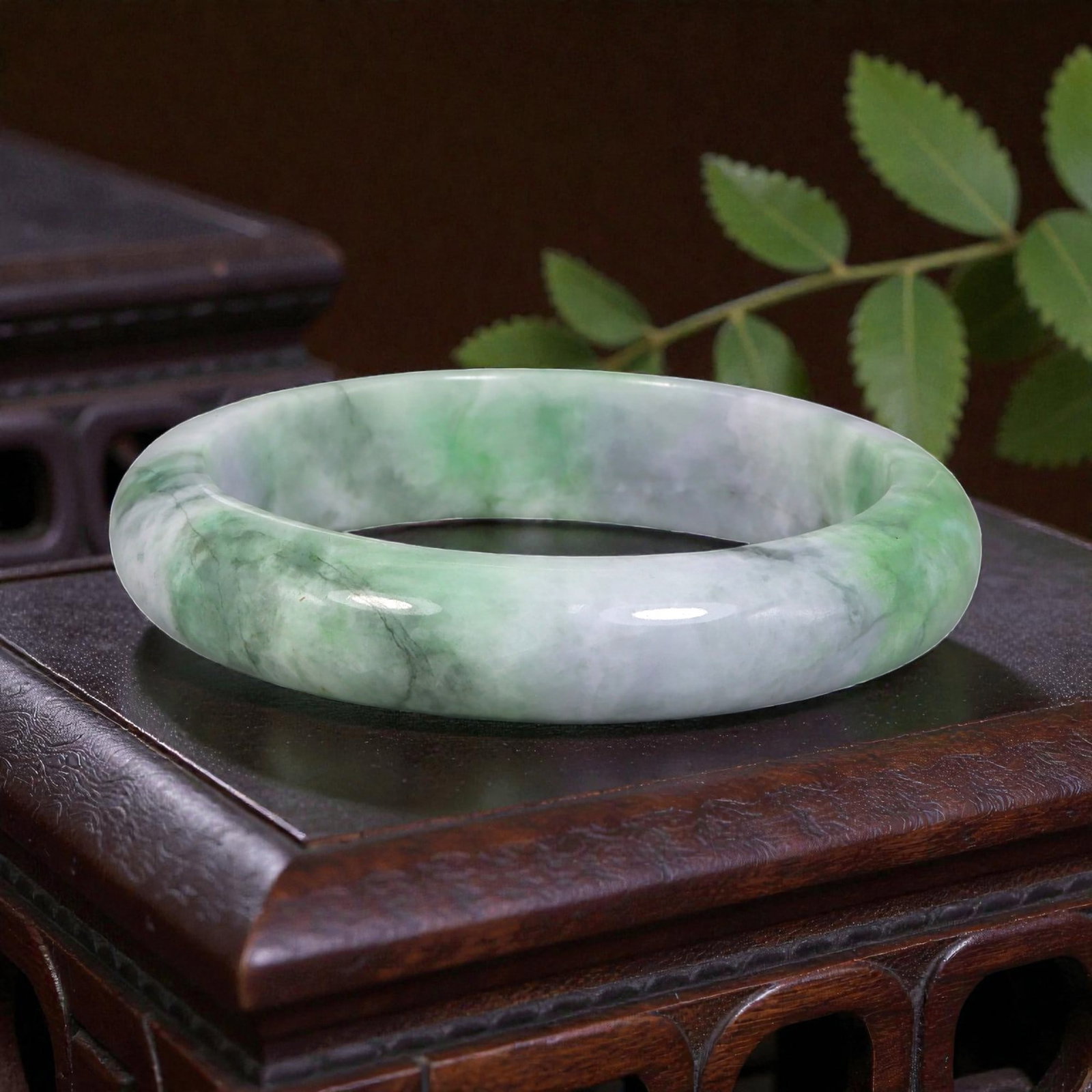 Natural Burmese Type A White & Green Jadeite Bangle - Verdant Swirl Bracelet, 5EA (1 of 2)