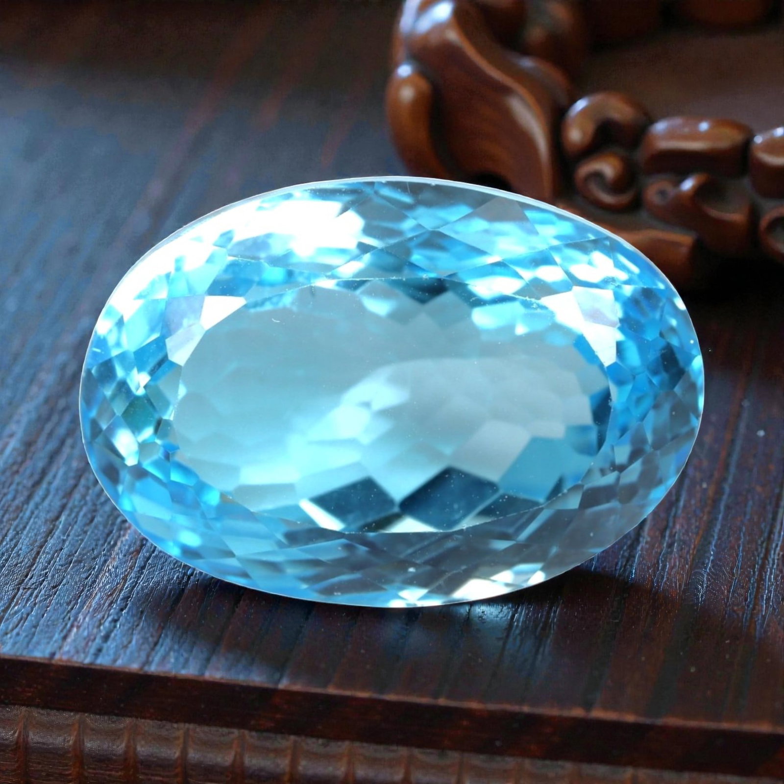 39.53 Carats Swiss Blue Topaz Oval - Natural Brazilian Stone, LZ103: This magnificent oval-cut Swiss blue topaz dazzles with a brilliant, saturated sky-blue hue that radiates clarity and light. Its faceted cut is masterfully executed, with precisely angled facets that 