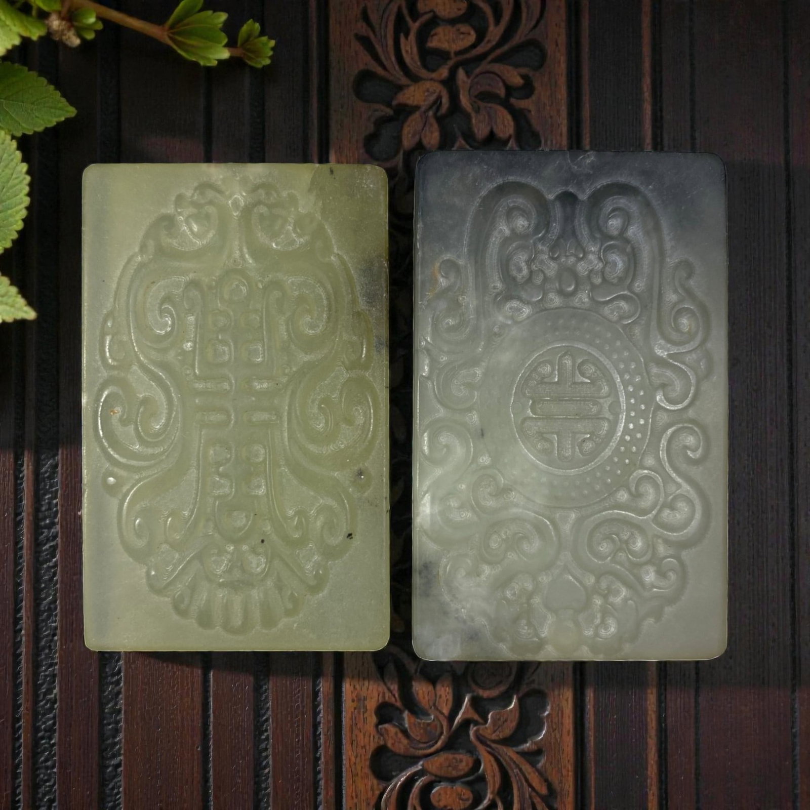 Lot of 2 Antique Oriental Chinese Nephrite Jade Plaques, 59AG: The lot comprises two rectangular nephrite jade plaques. The first plaque is carved from pale celadon nephrite with minor natural inclusions and faint surface marks. The second is crafted from greyish
