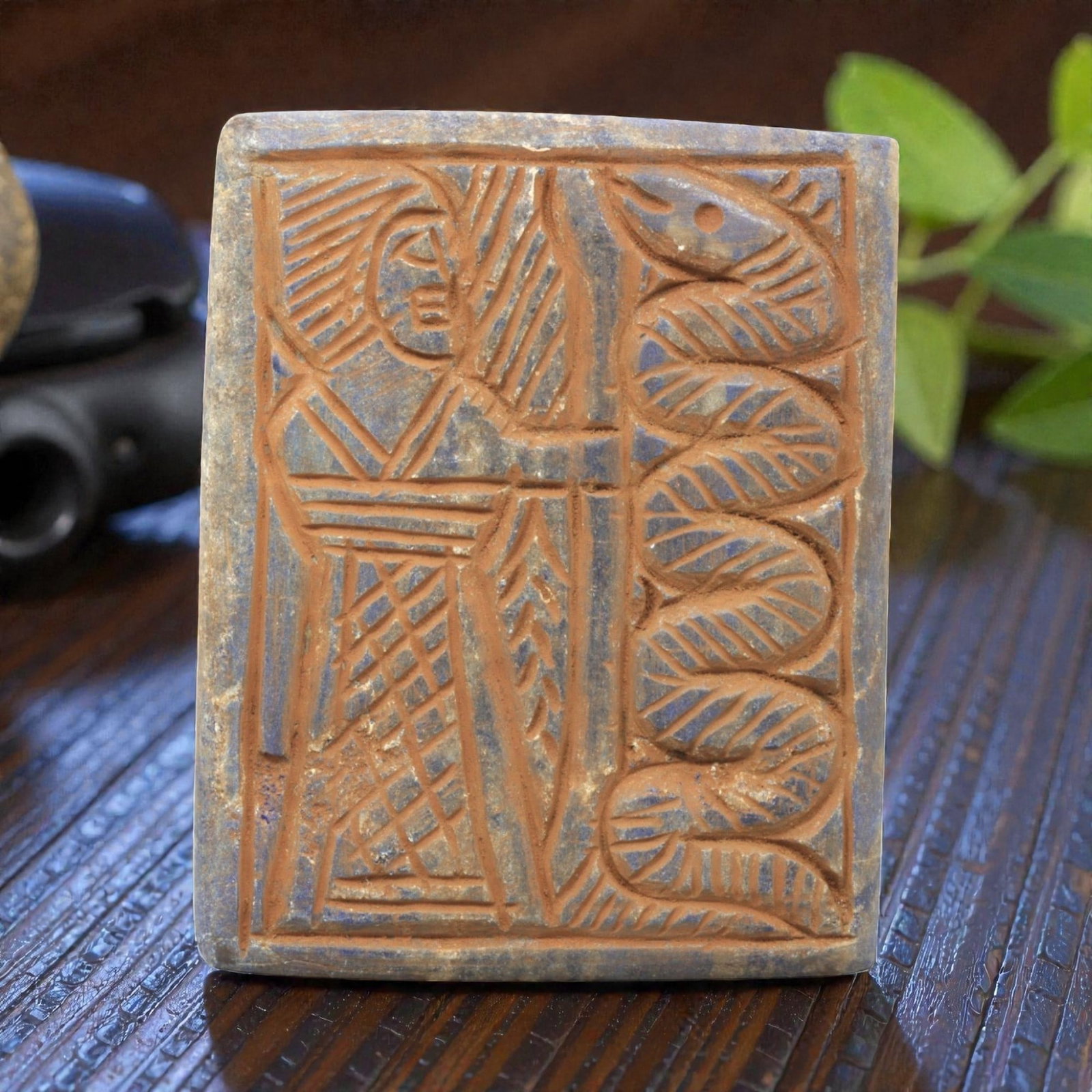 Near Eastern Lapis Lazuli Plaque - Tribal Art Figure & Serpent Relief, 9ZA (1 of 2)