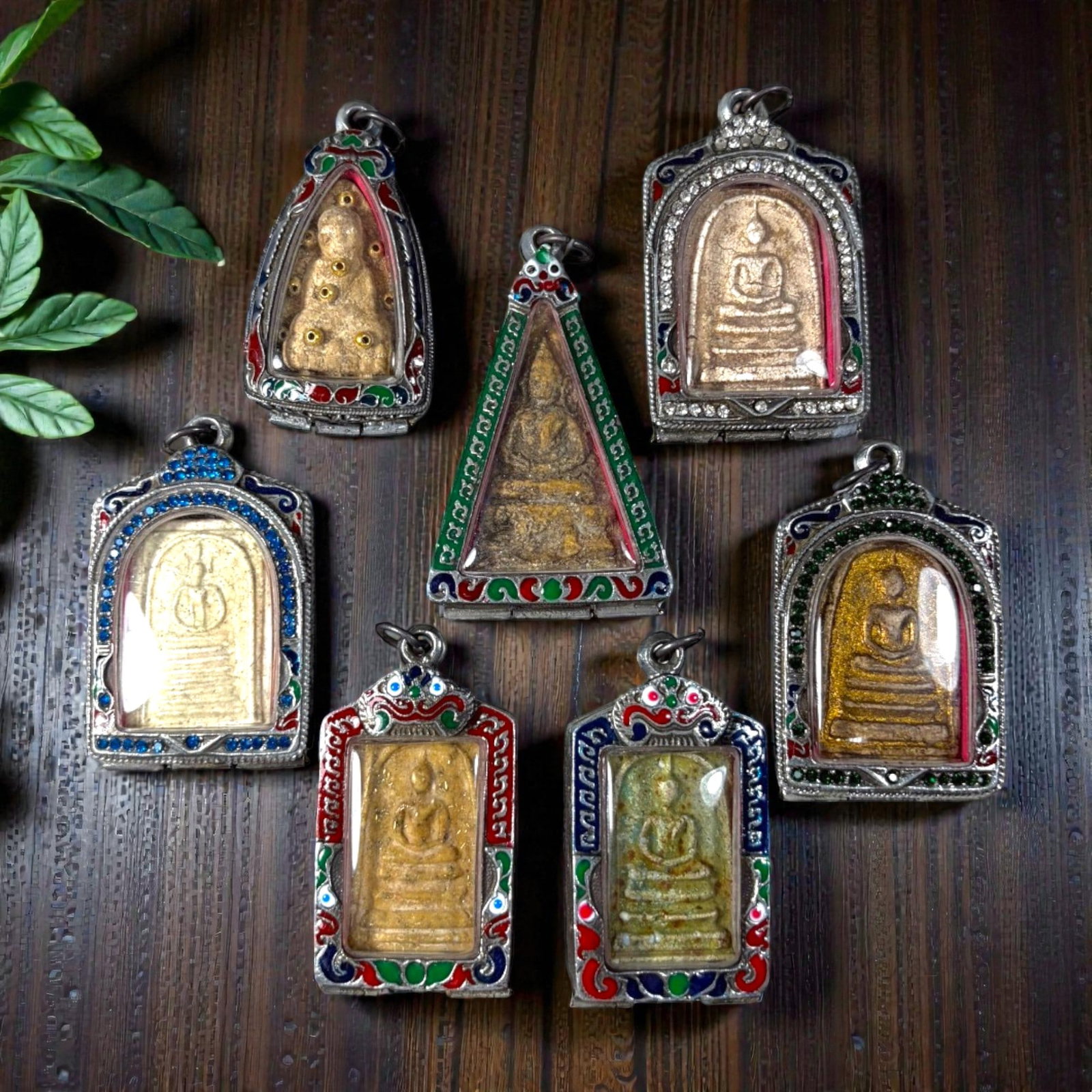 A Lot of 7 Vintage Thai Buddhist Amulets with Enamel and Jewel Accented Cases, 41AA (1 of 2)