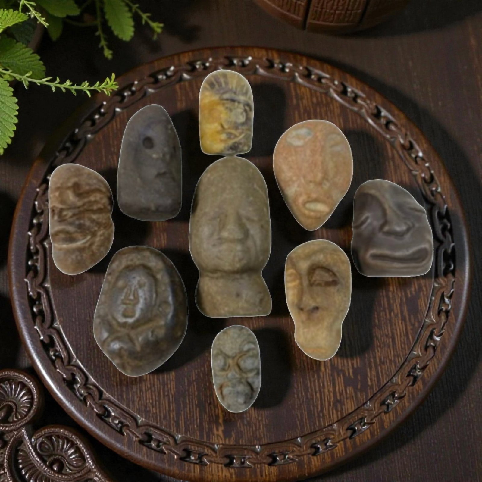 A Lot of 9 Ancient Medieval Stone Maskette and Head Amulets, 1AB: The group comprises nine carved stone amulets, including maskettes and stylized human heads. The pieces are rendered in varied styles, with some displaying deeply carved facial features and others wit